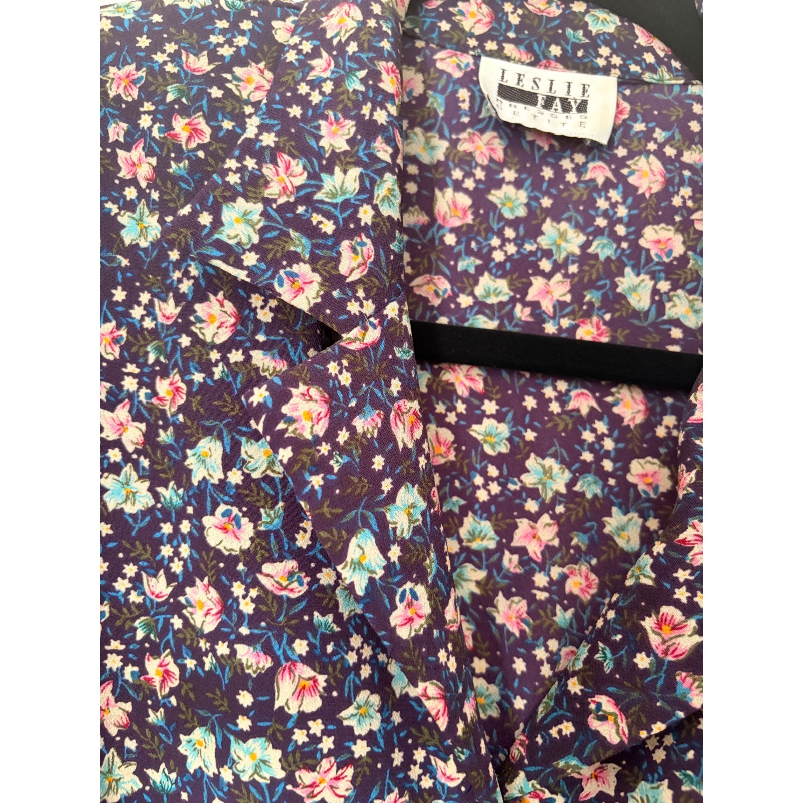 Leslie Fay Vintage Floral Midi Dress Purple Pink Short Sleeve Elastic Waist