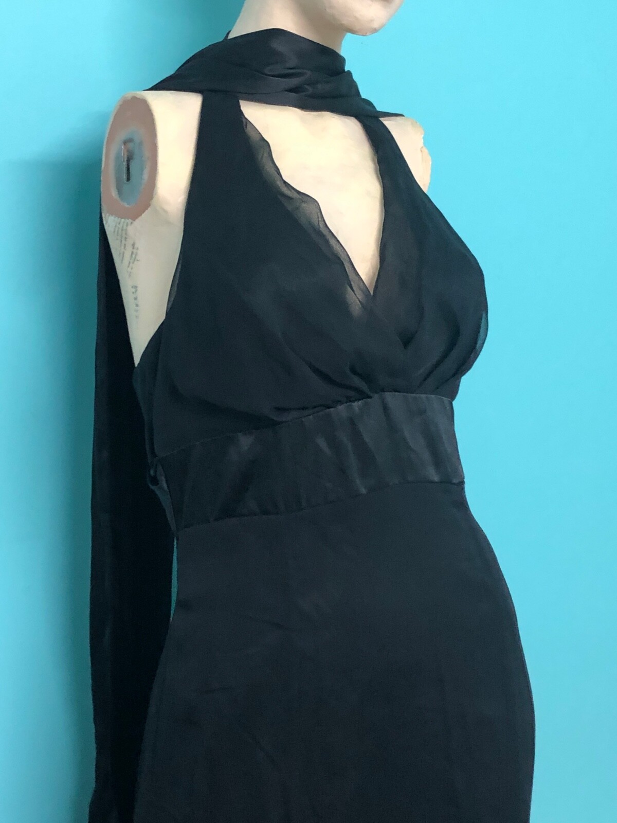 VTG Y2K WATTERS/WATTERS Black Halter Chiffon Satin Mermaid Evening Formal Gown~8