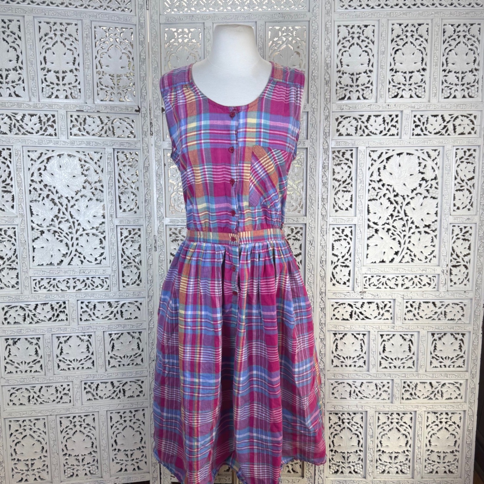 Vtg Retro Cottagecore 80’s 90’s Pink Plaid Dress Womens L Fits Medium Preppy