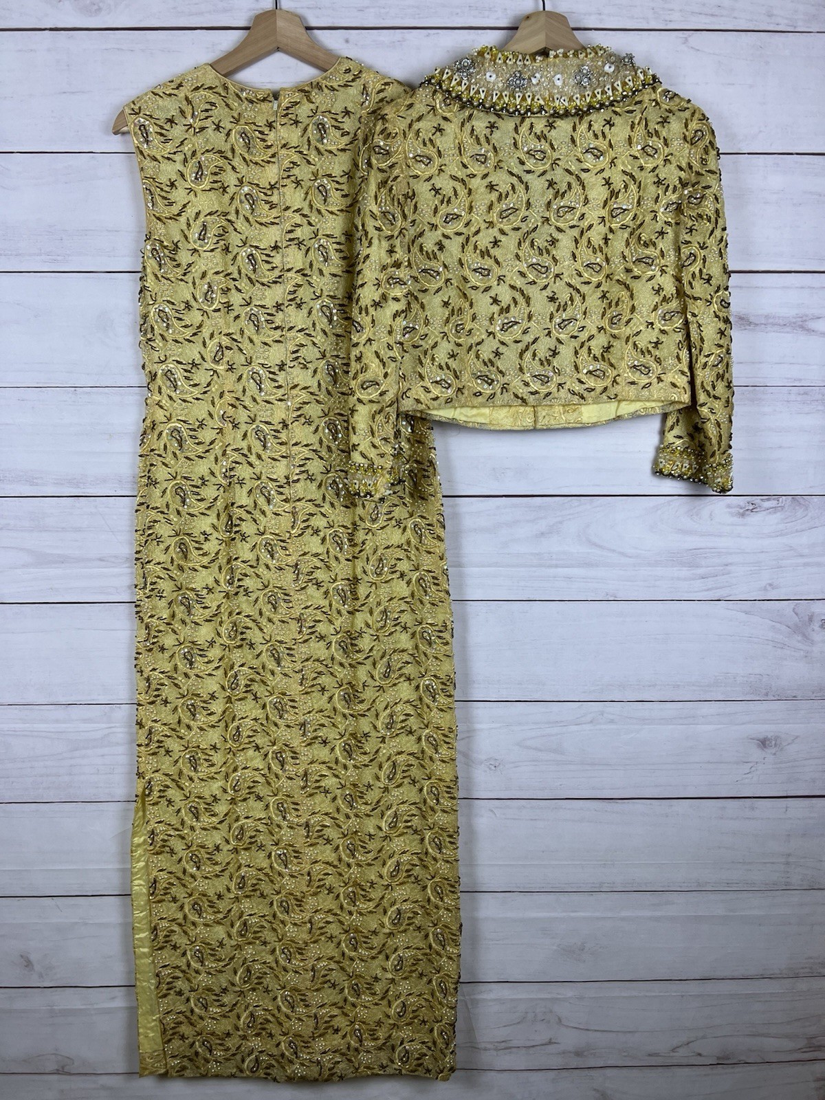 Vintage 50s 60s Charles & Co. Gold Beaded Dress and Jacket Both Size 36