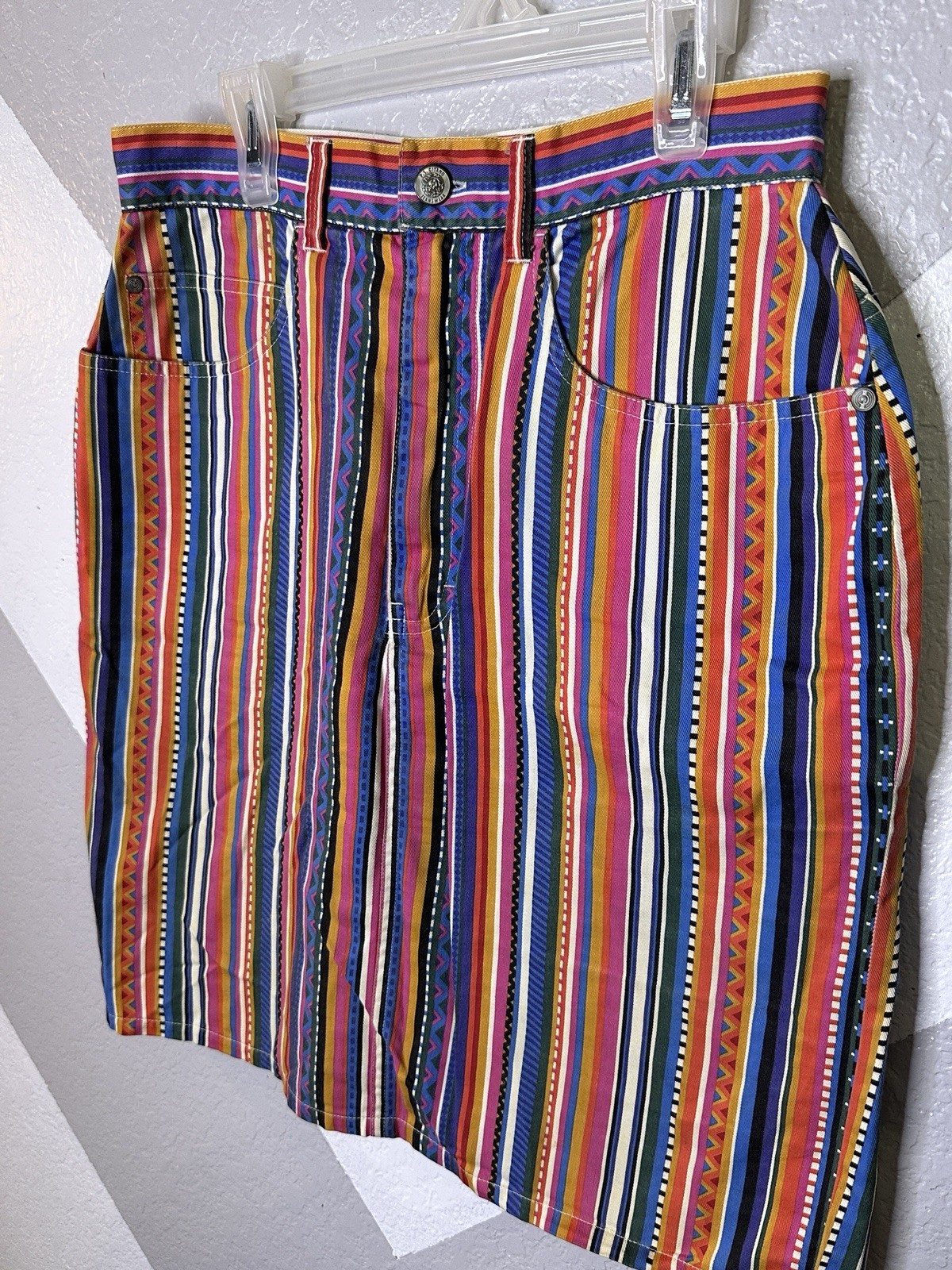 Vintage Skirt Gitano Tribal Stripe 1990s Pink White Blue Zipper Pocket Sz 11/12