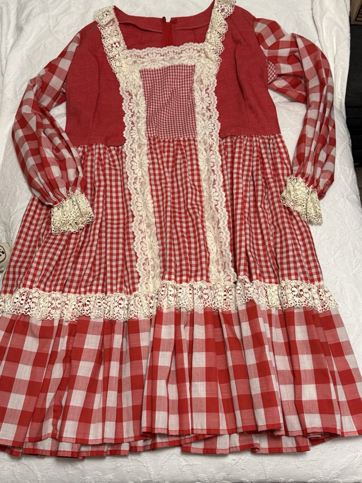Vtg 70s Handmade Prairie Dress Red Gingham Lace Bib Farmhouse XL Storybook Style