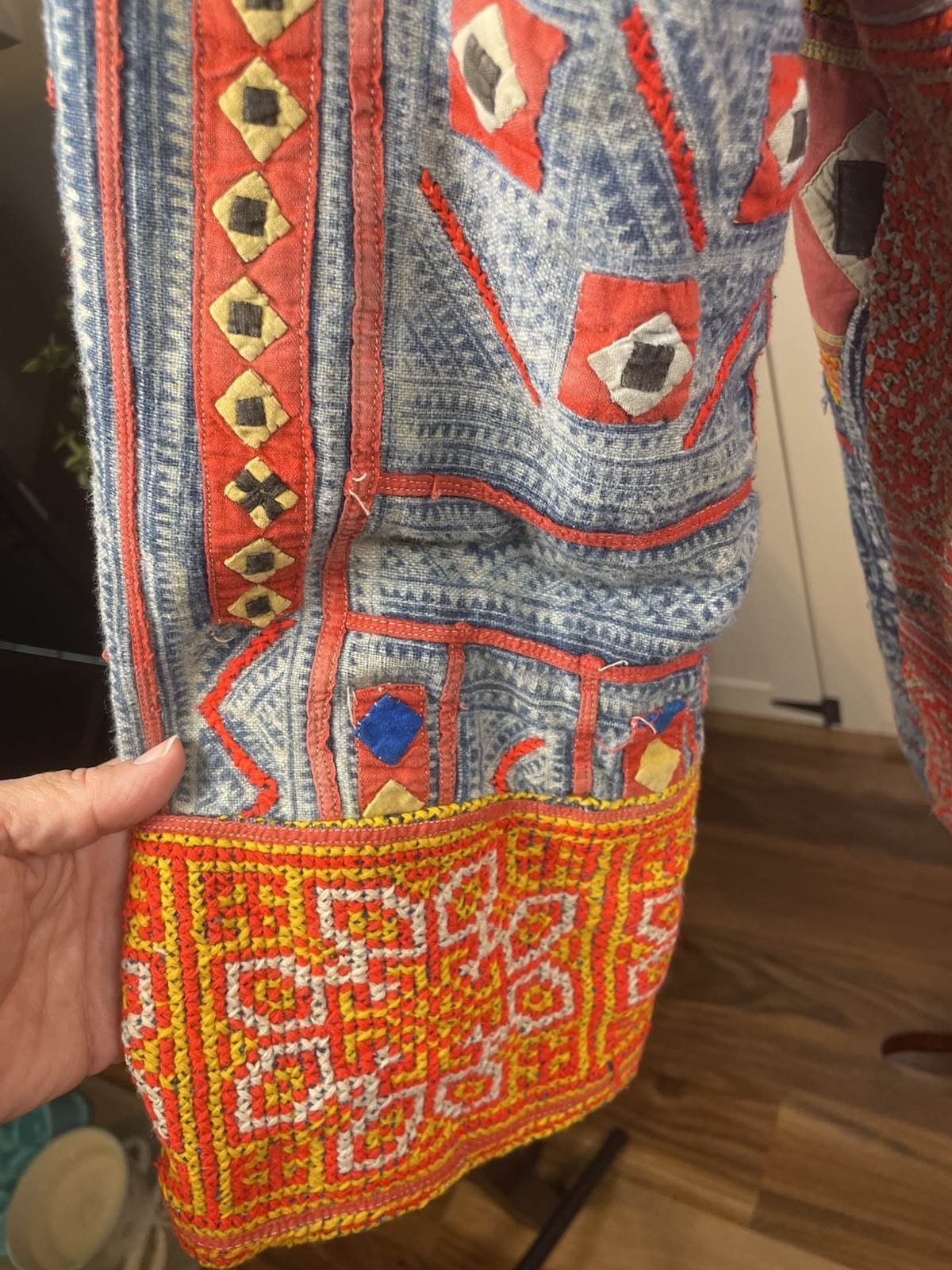 Vintage Hmong Style Embroidered Jacket Boho Ethnic Artisan Indigo Print XL