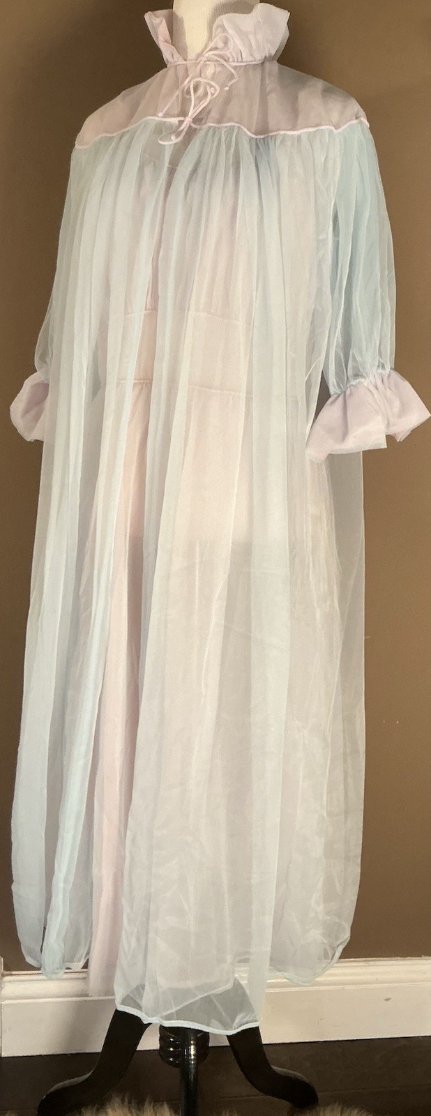 Vintage 60s Pink and Blue Sheer Peignoir Lingerie Robe Gown Set Sz 32
