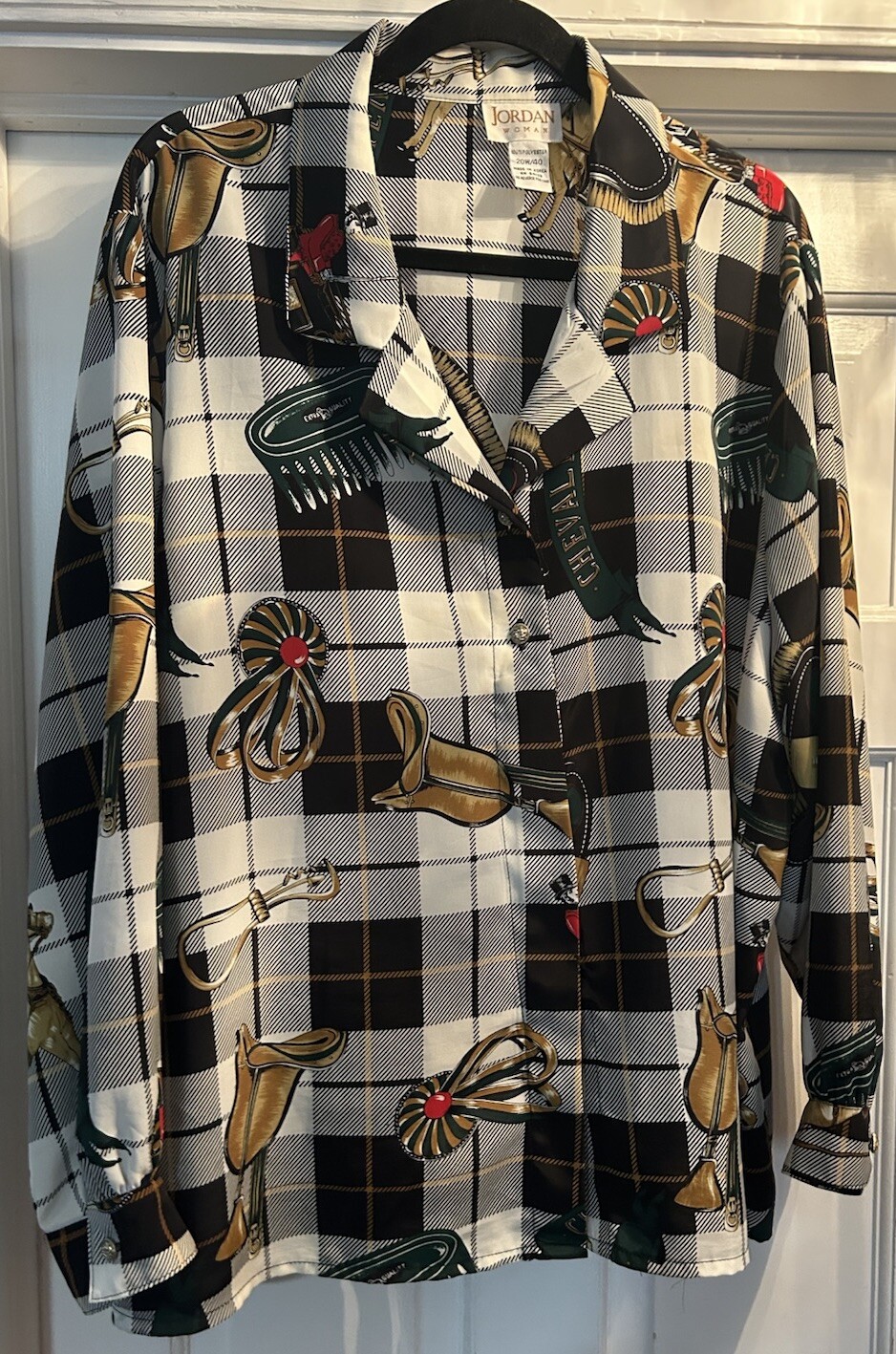 VTG Jordan Woman Sz 20W/40 Equestrian Blouse V-Neck Long Slve Horse Saddle Brush