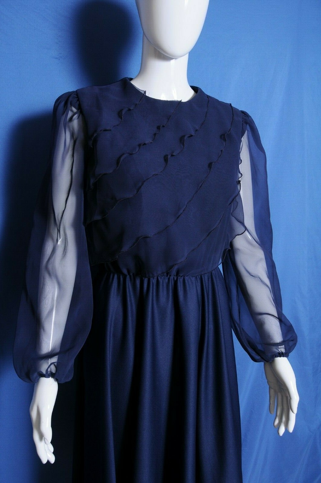 Vintage 70s Amy-Deb blue polyester sheer sleeve knee length dress 12