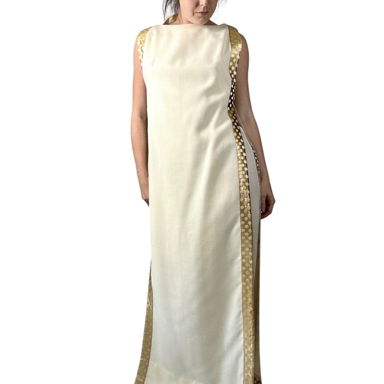 Vintage 1960s White Wool Jumpsuit Peer Label Metallic Gold Polka Dot Cape Mod