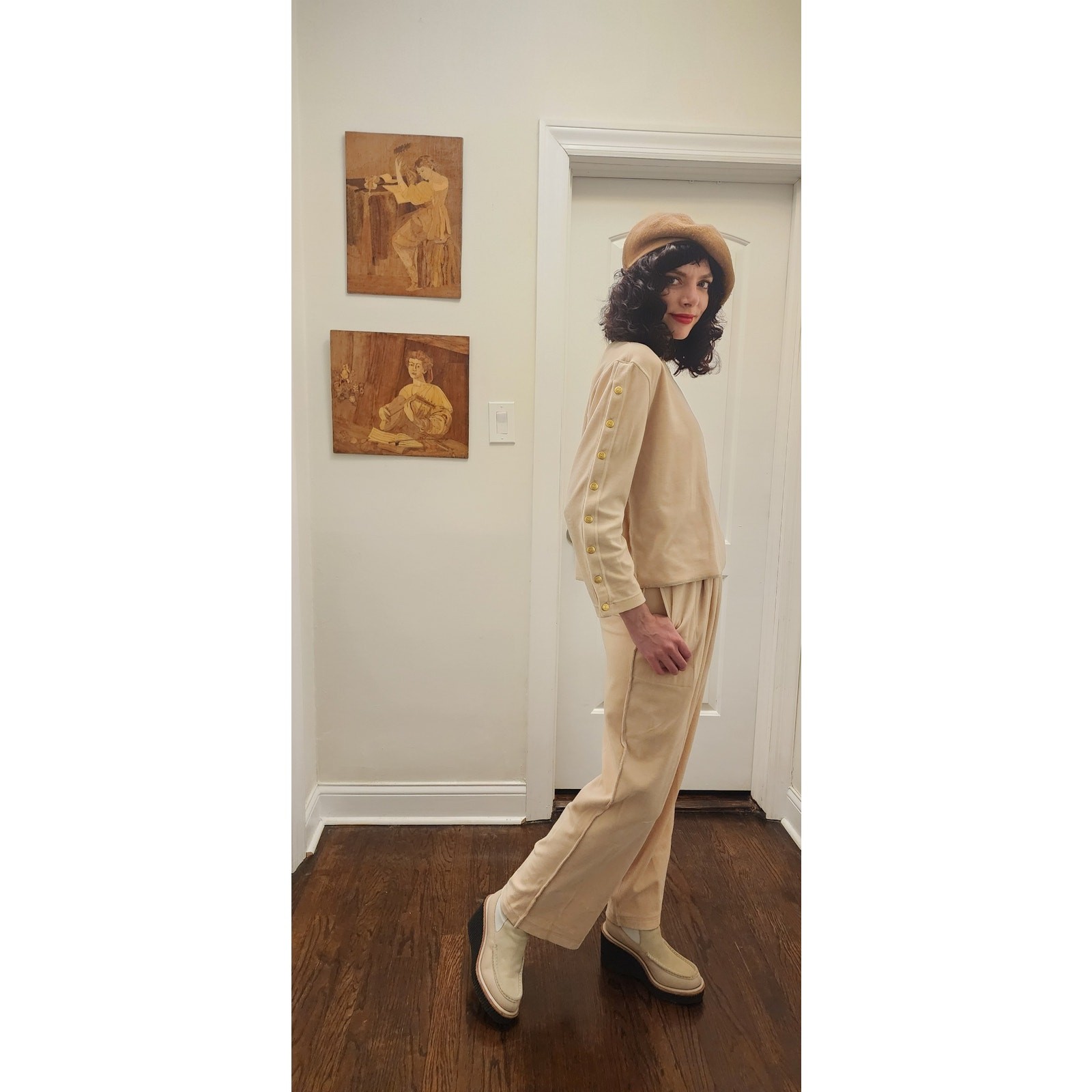 Vintage 90s Sonia Rykiel Velour Track Suit Beige w/Gold Buttons