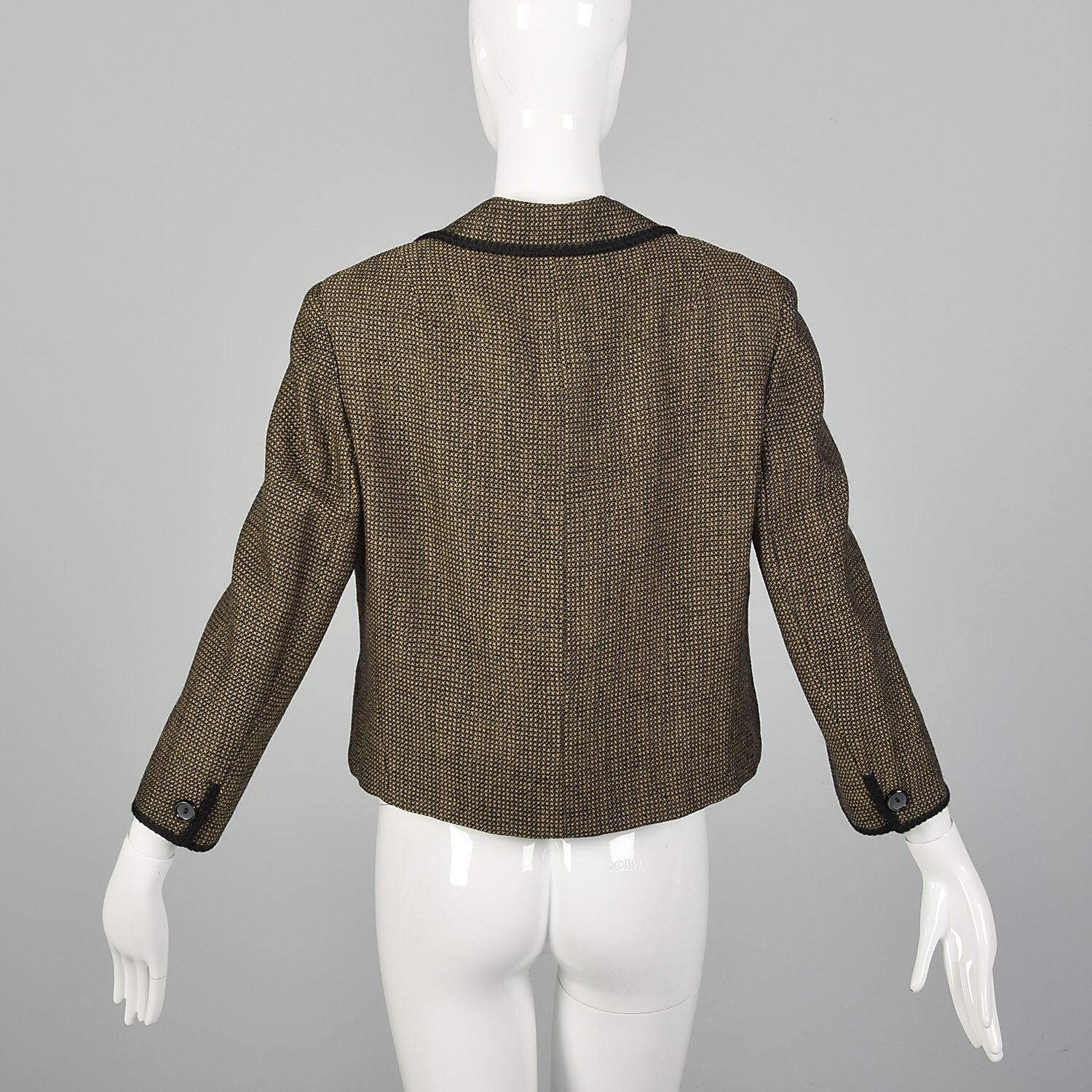 L 1960s Brown Jacket Boxy Tweed Black Trim 3/4 Sleeve Lightweight Blazer 60s VTG