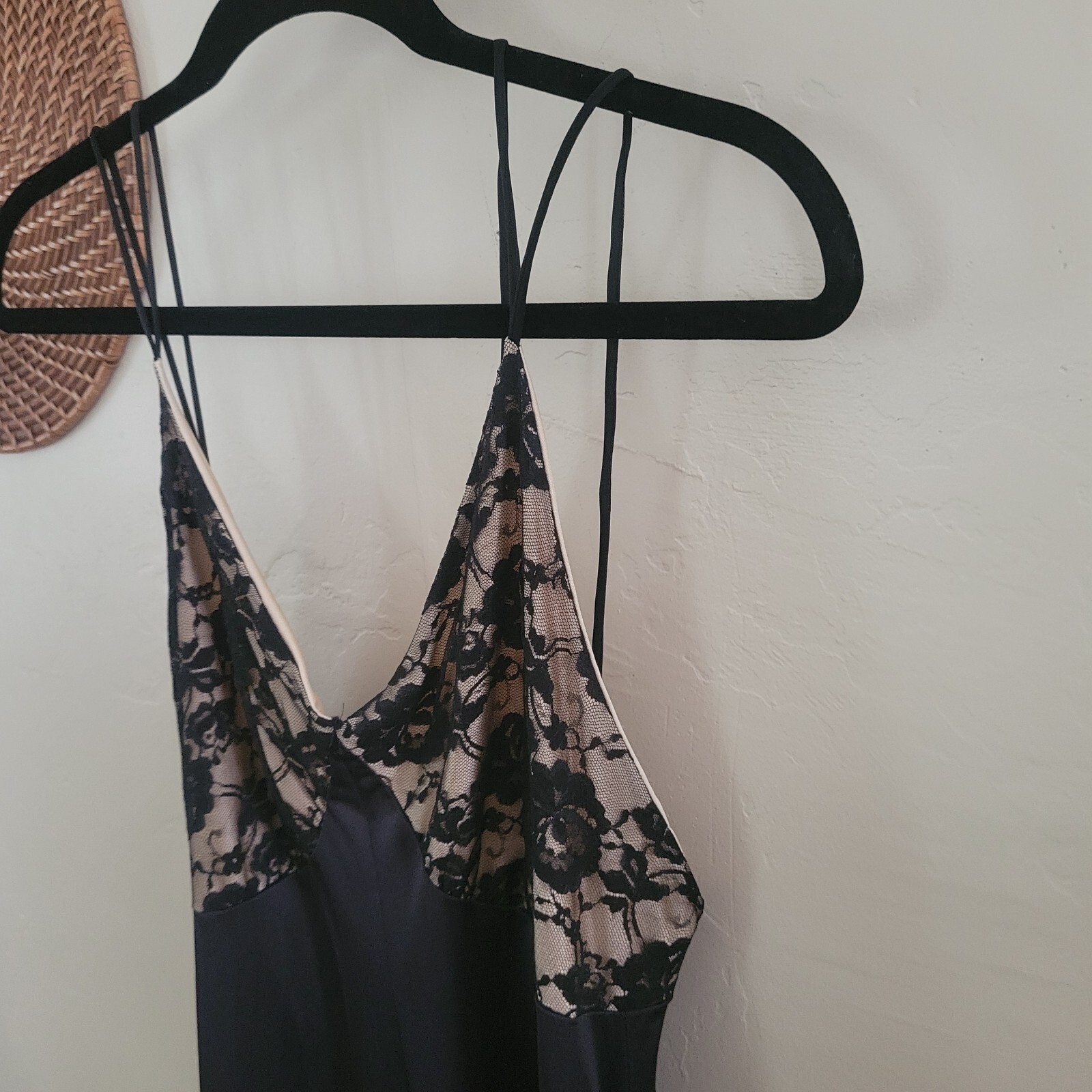 Vintage Black Satin Lace Trim Maxi Slip Dress Nightgown Multi-Strap Back V-Neck