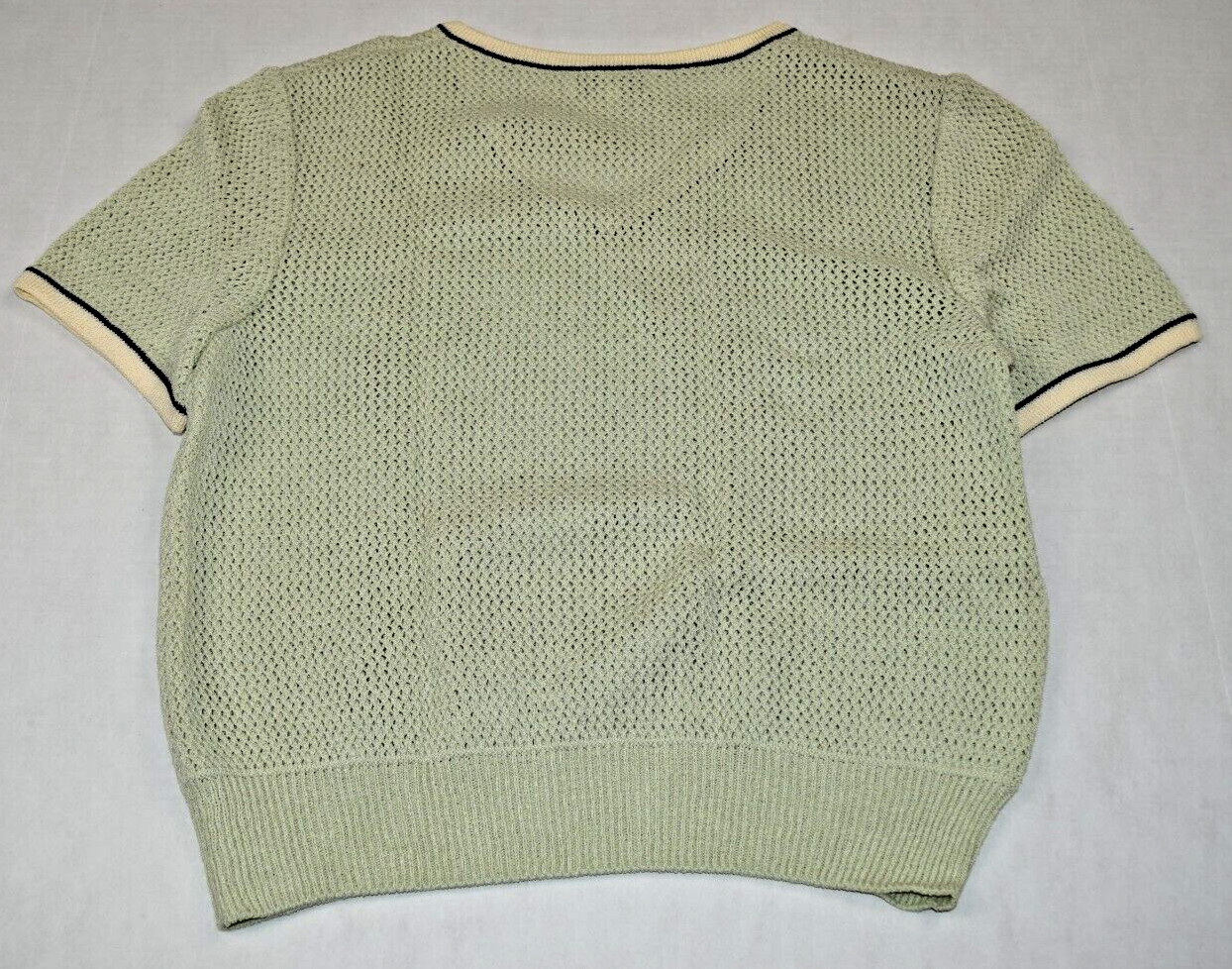 Vintage St John Knit Sweater Size S/M 80s Pale Mint Green Ivory Black Trim