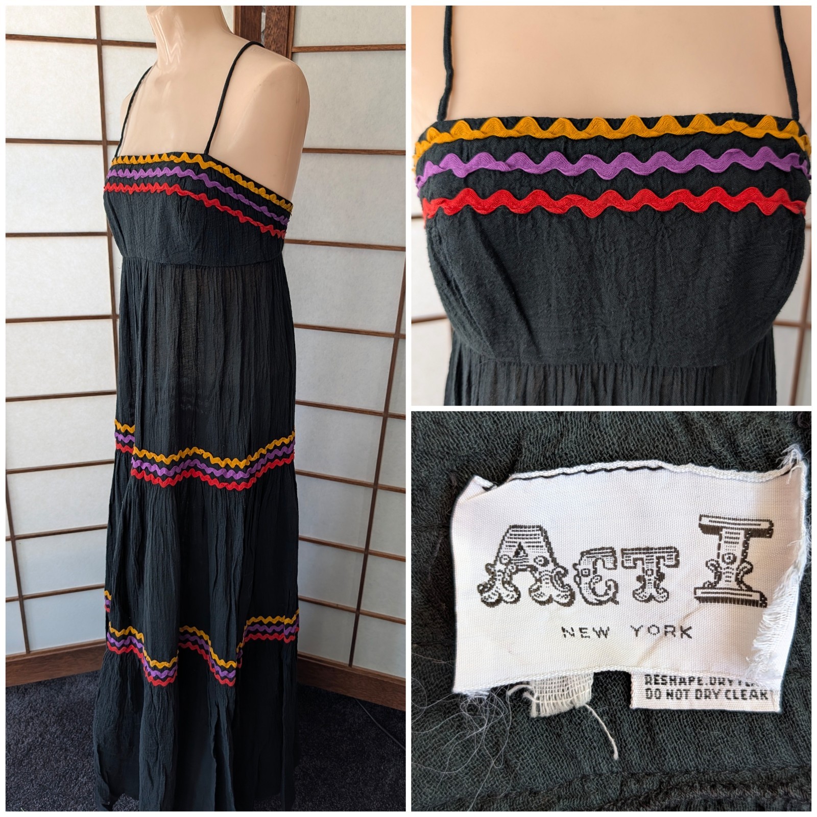 Vintage 1970s Act I New York Black Gauzy Maxi Sundress Tiered Rick-Rack Sz XXS