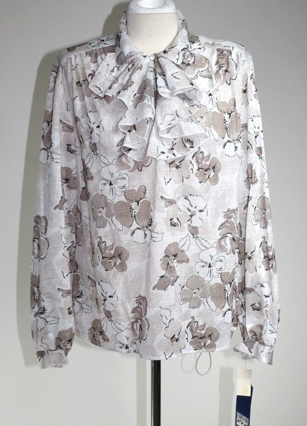 Cape Cod Sportswear – 14 (L) – NWT – Vintage 80s Beige Foral Ruffle Blouse -Top