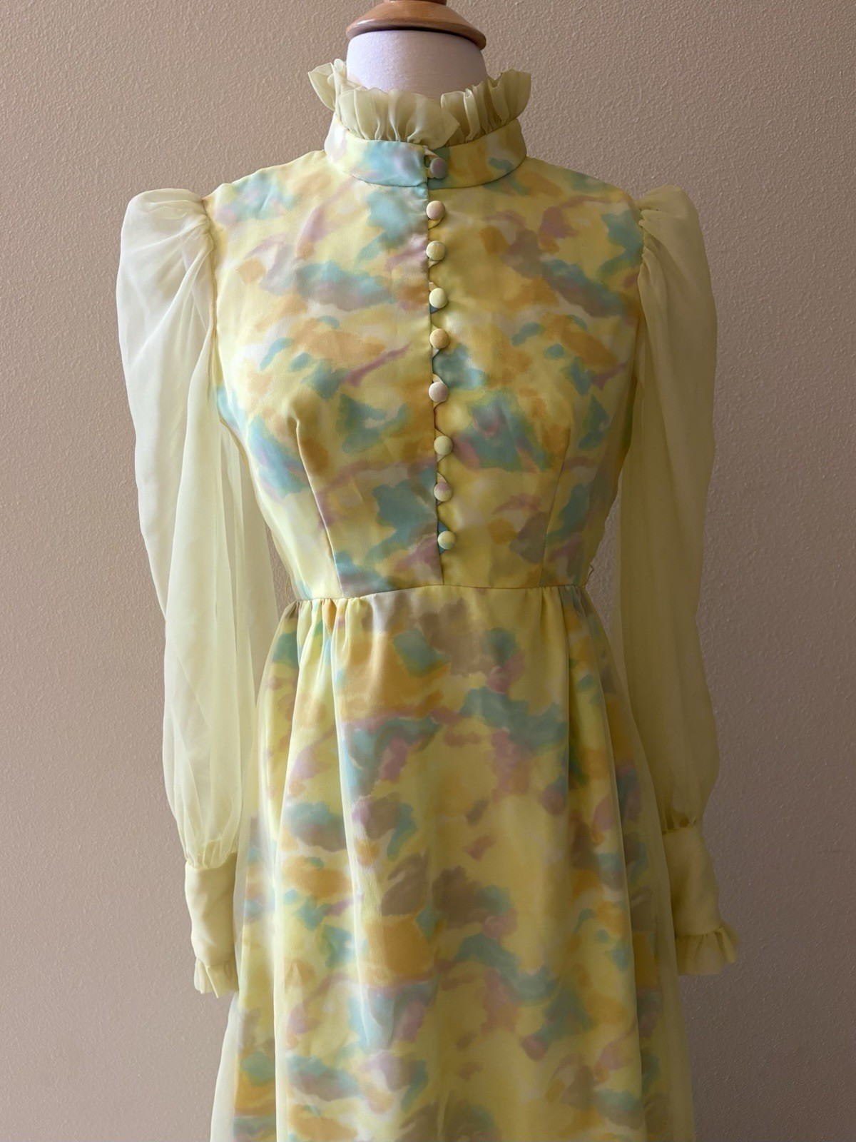 70s Vintage Organza Gown Maxi Dress Yellow Cottagecore Prairie High Collar Small