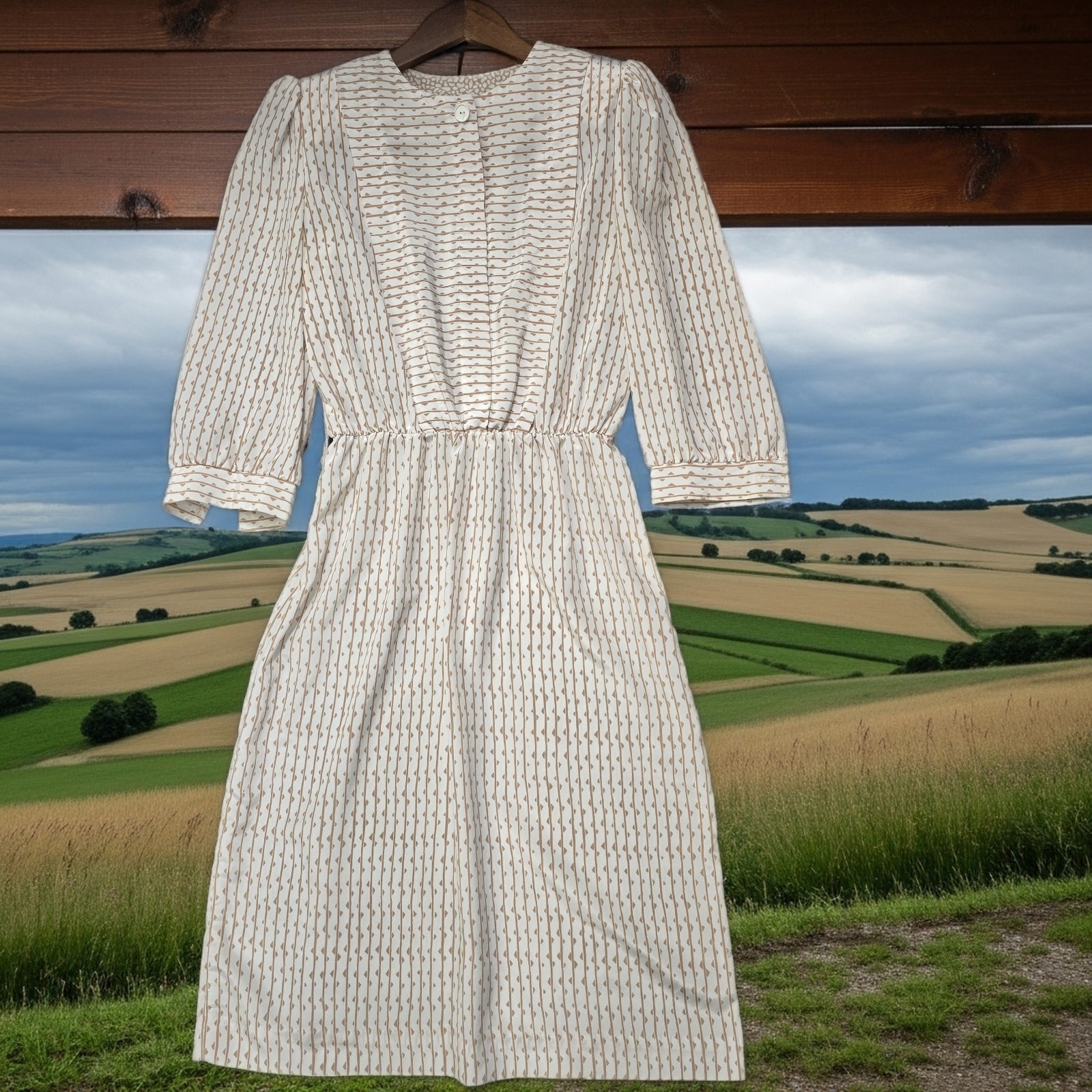 Toni Petite Vintage 80s Geometric Stripe Midi Dress Tan White Elastic Waist 10P