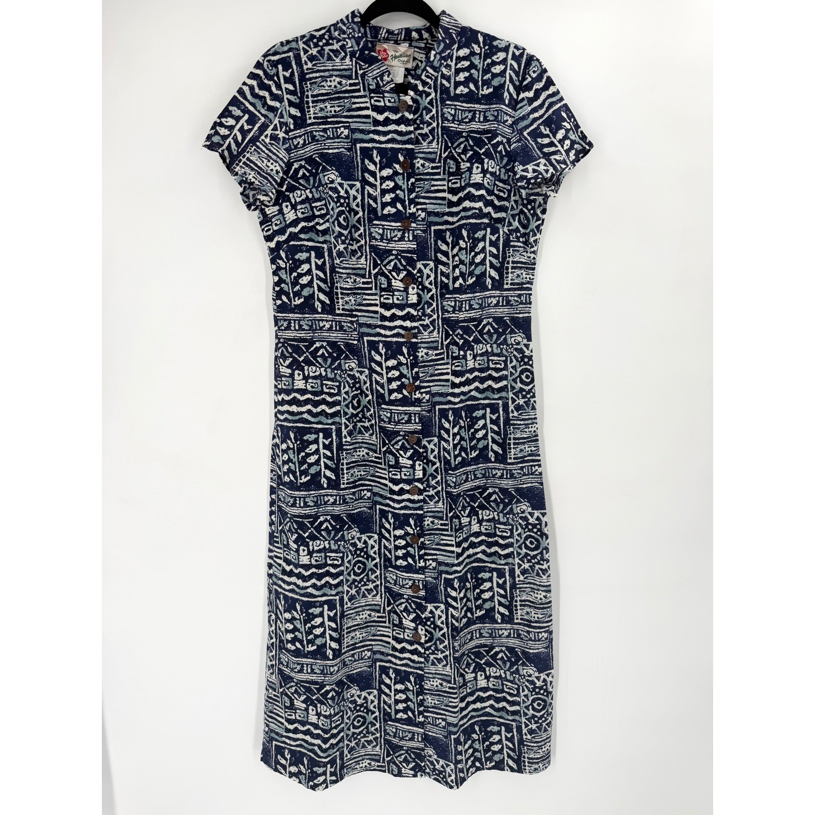 Hilo Hattie Hawaiian Original Dress Womens 10 Blue Excellent Vintage 90s Batik