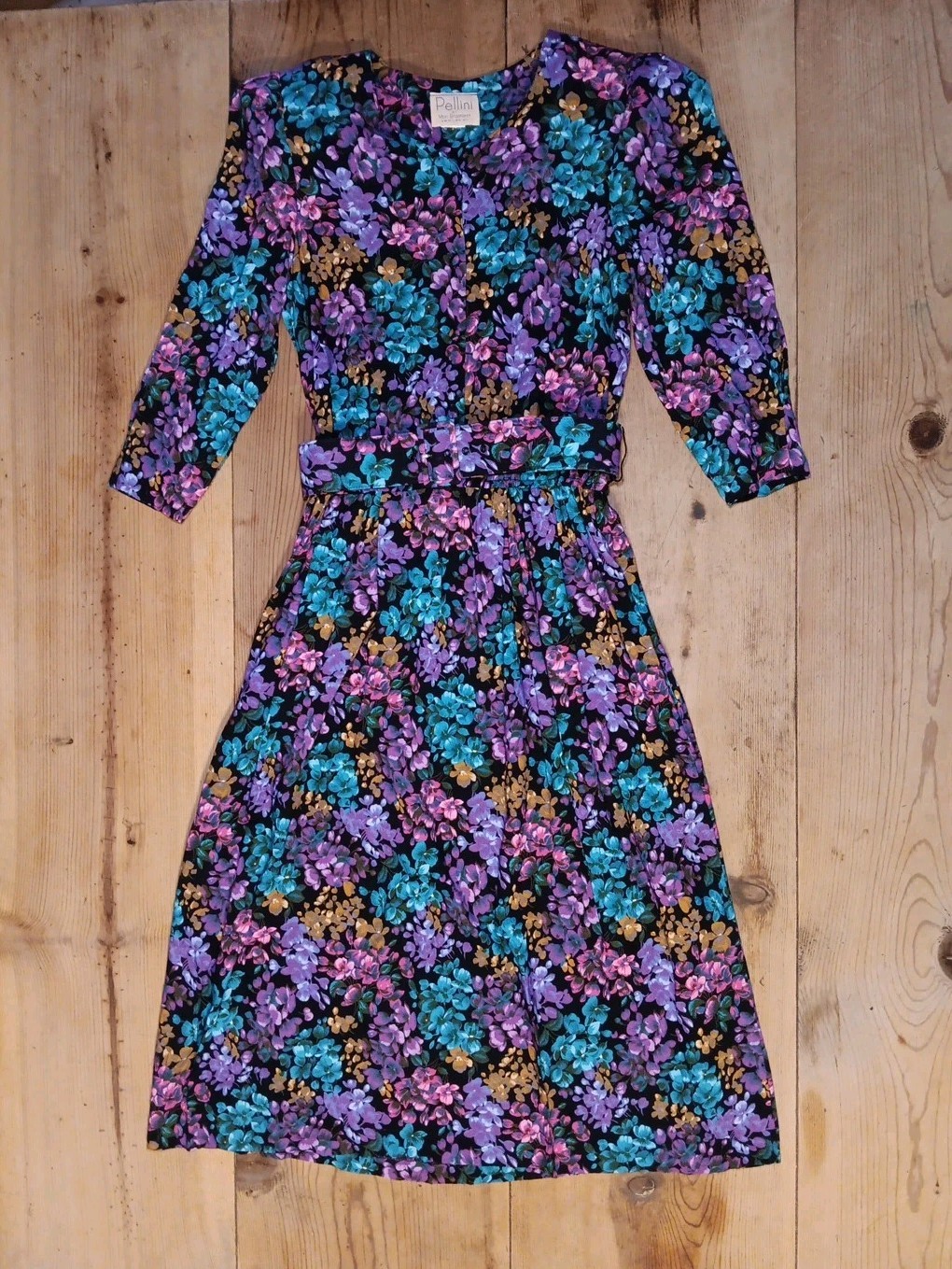 VTG Pellini Von Bramlett Women 4 S A Line Dress Multi Bright Floral Belted 90s