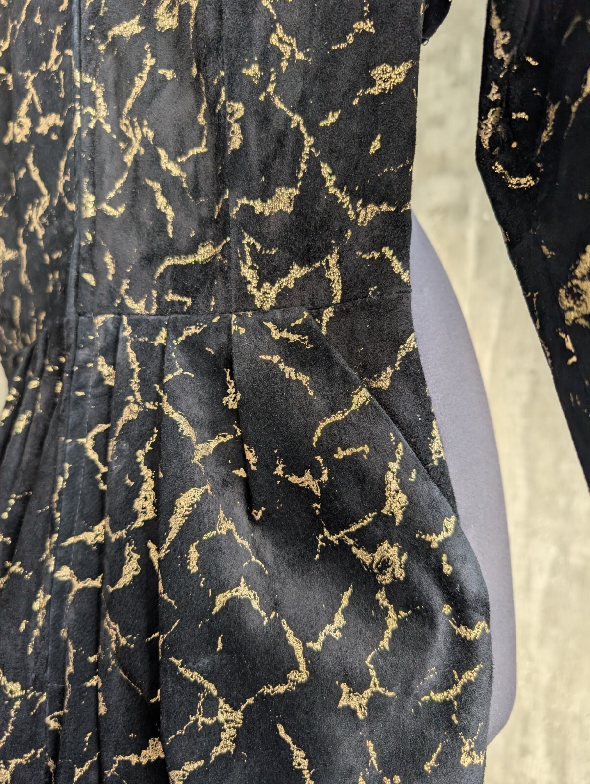 Vintage Vicky Tiel Black and Metallic Gold Suede Long Sleeve Jumpsuit France-XS
