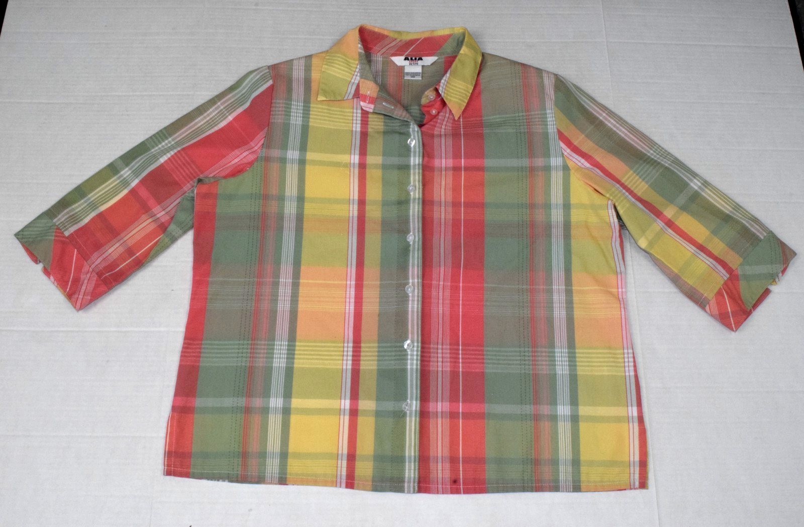Vintage Plaid Shirt Alia Size 14 90s Button Up Pink Green Yellow Shoulder Pads
