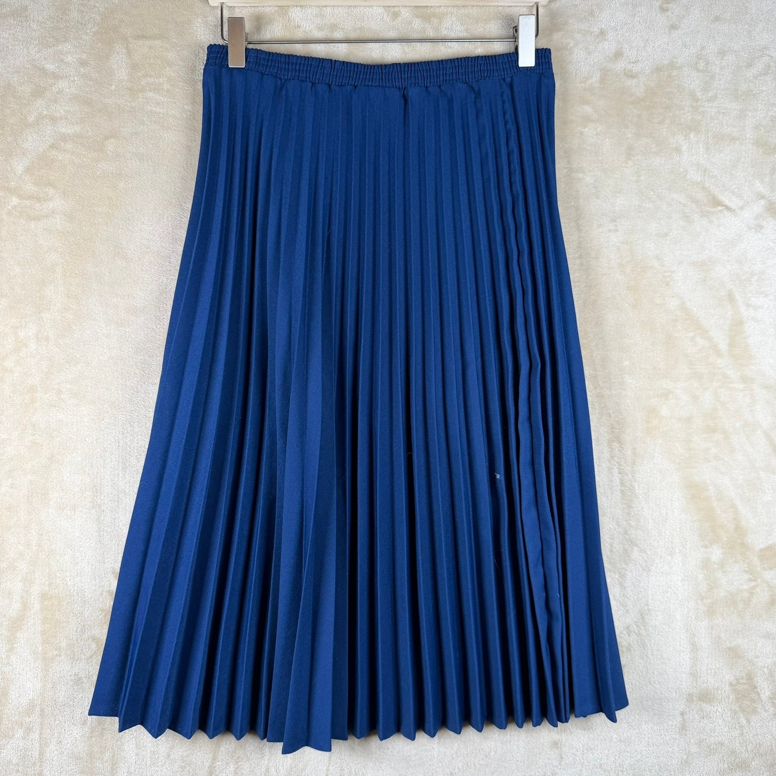 Vintage Women Sz 10 Royal Blue Knife Pleat Midi Skirt Elastic Waist Mod Classic