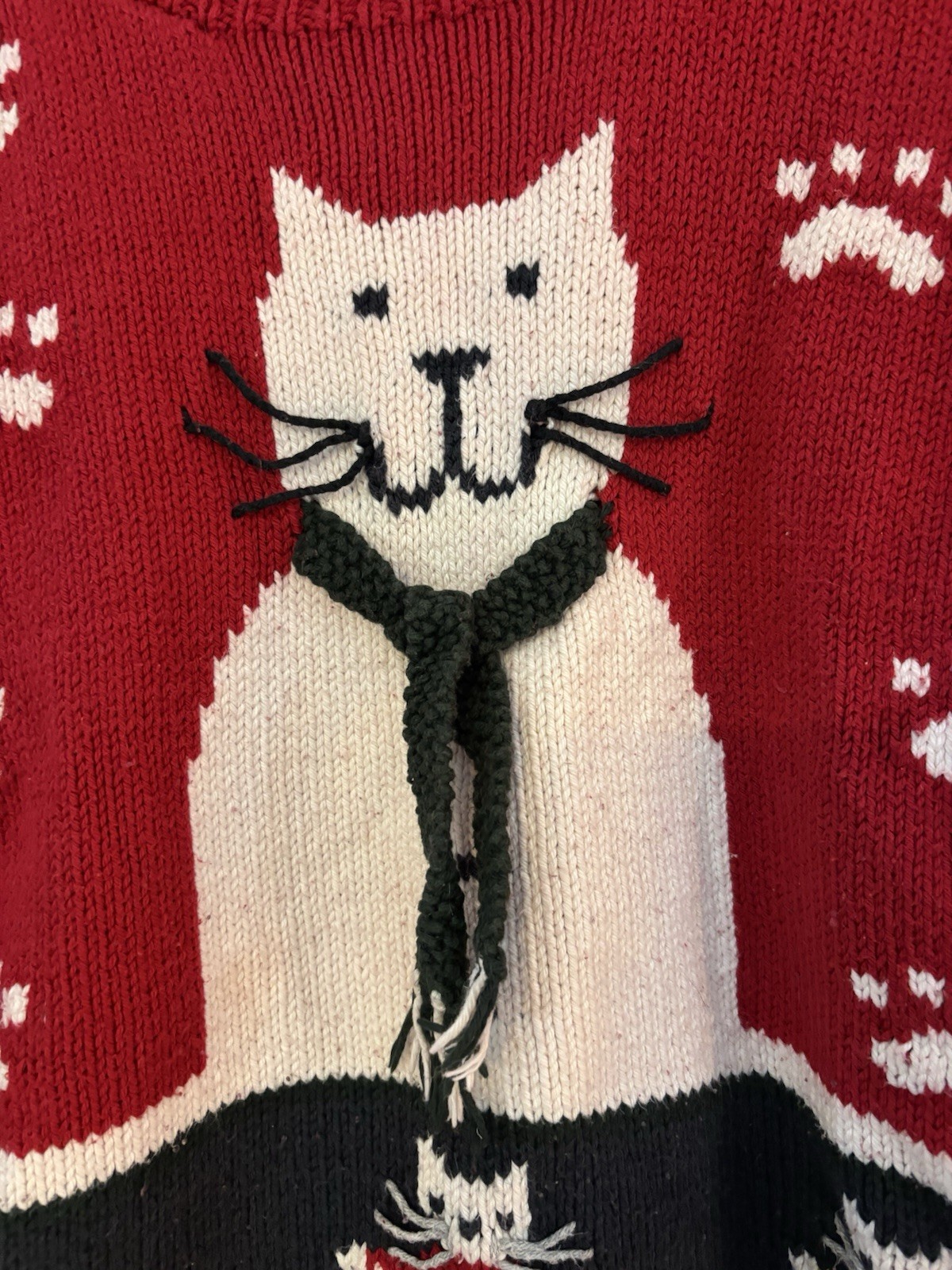 Vintage Rey Wear 100% Cotton Hand-Knit Sweater Cat Christmas Holiday winter XL
