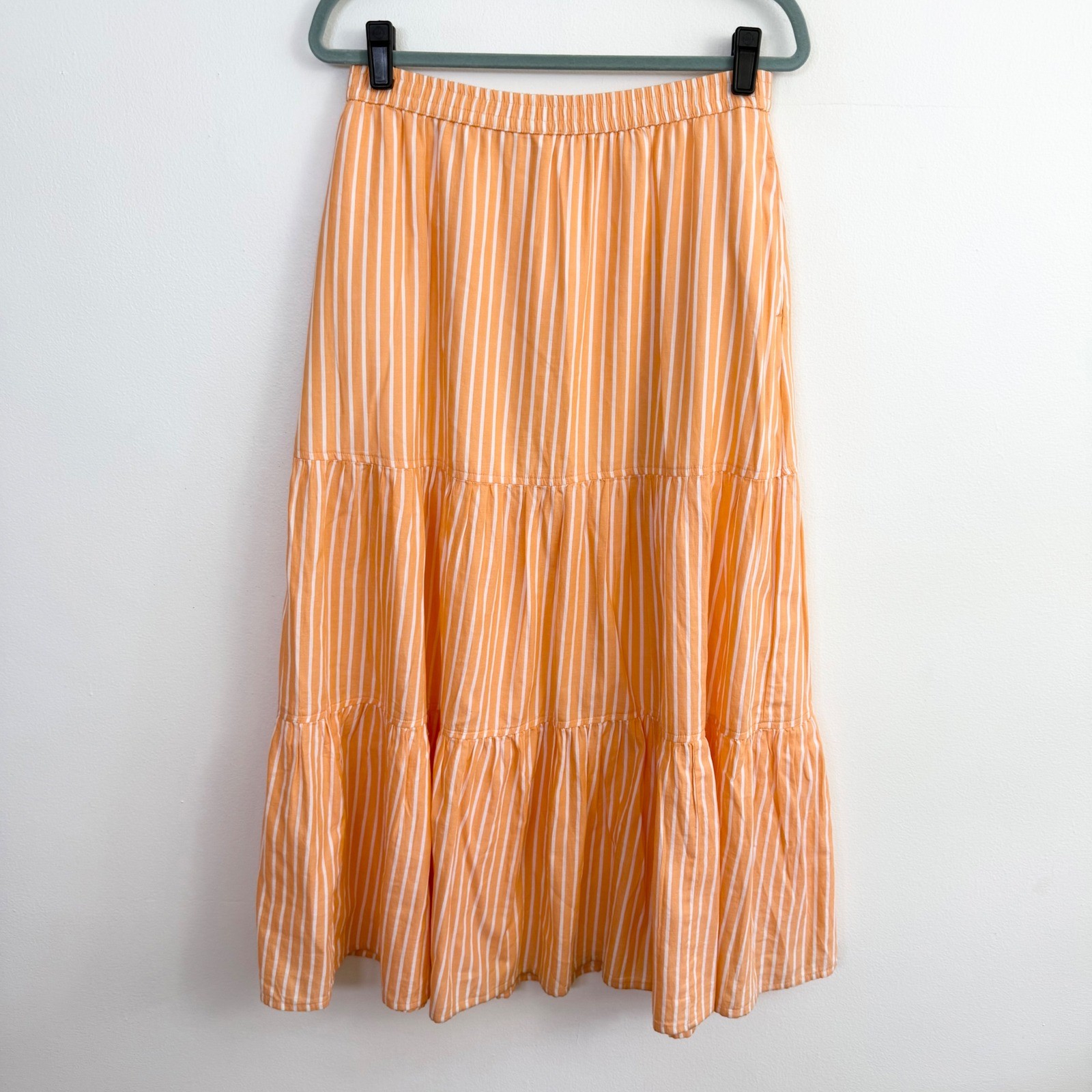 Pact Organic Cotton Orange White Stripe Tiered Midi Skirt Size M