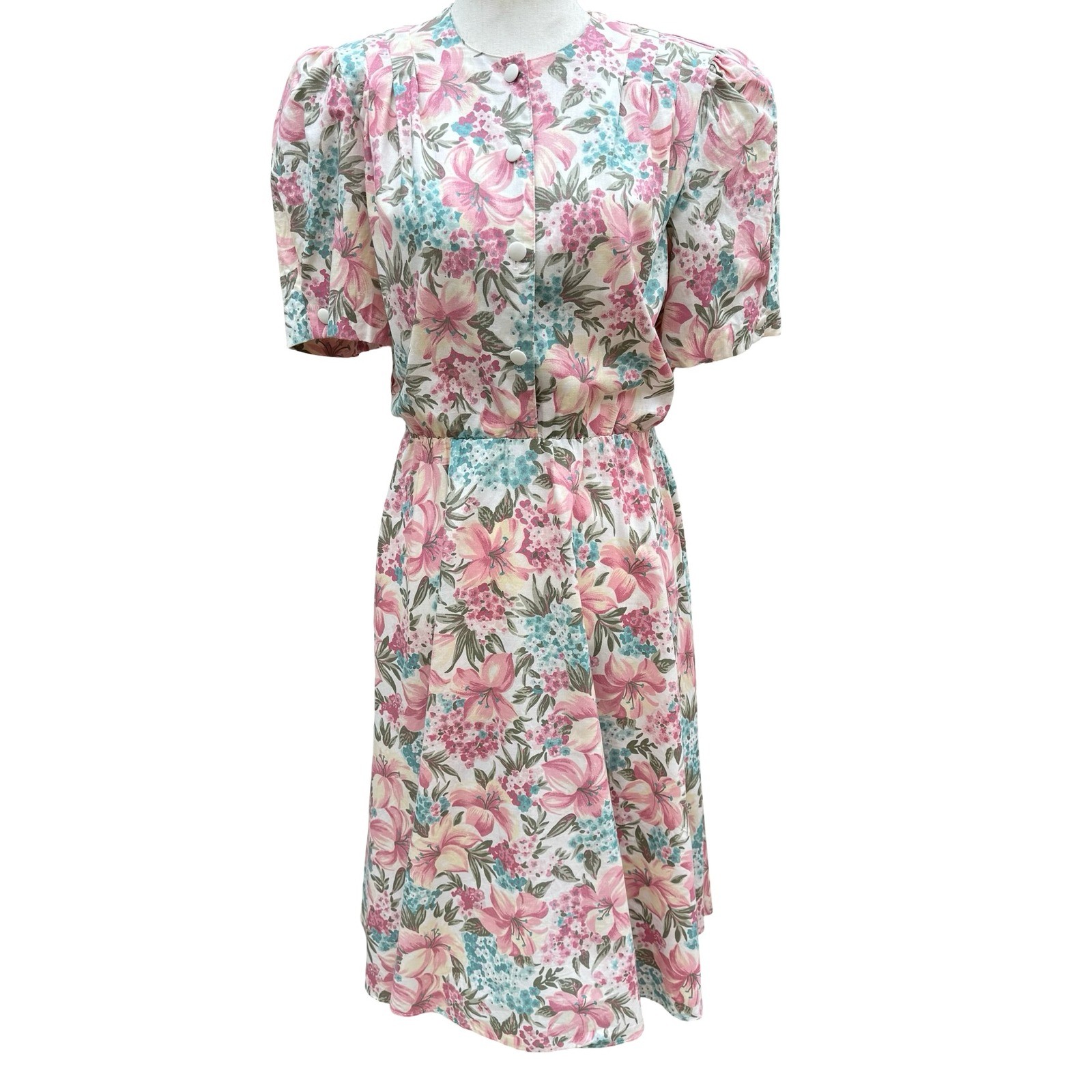 California Looks Vintage 80s Floral Midi Dress Pink Blue Cotton Petite 6P USA