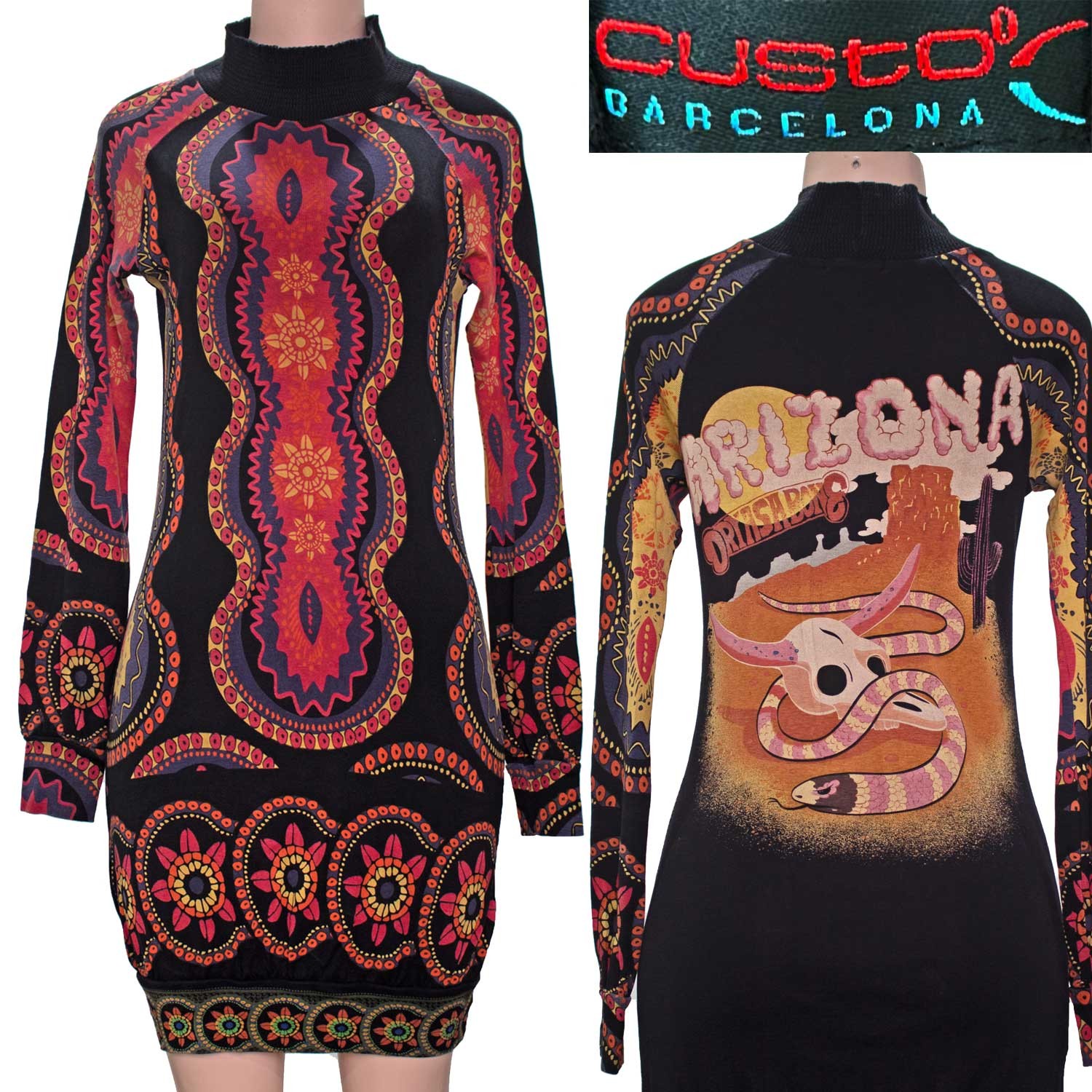 1990s Y2K Vintage Custo Barcelona Stretch Dress Long Sleeve Mini Arizona Small