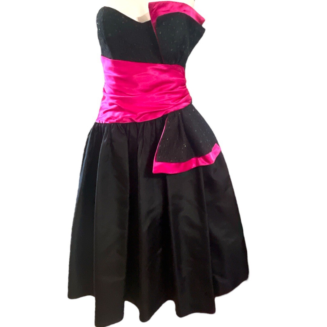 Gunne Sax Jessica McClintock Black Hot Pink VTG Dress EUC Size 7 Small