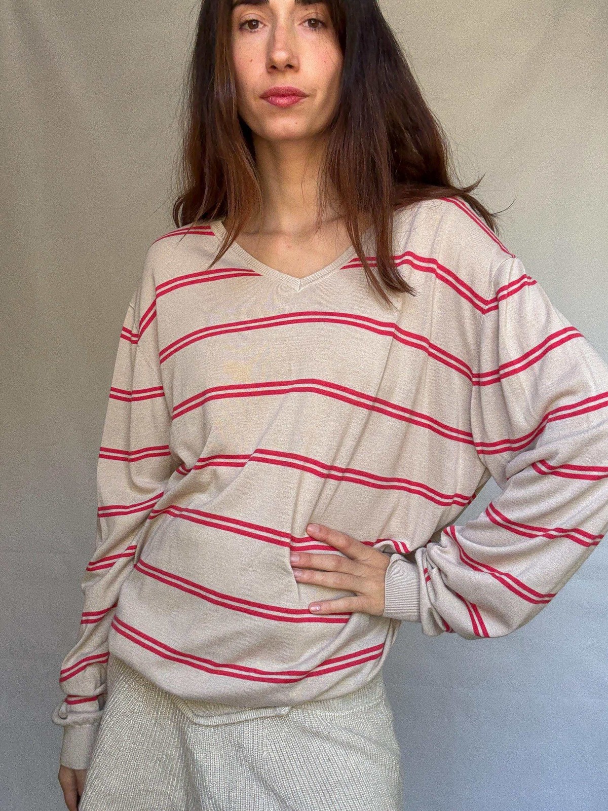 Massimo Dutti beige striped jumper, 100% extra fine cotton, ribbed cuffs and hem