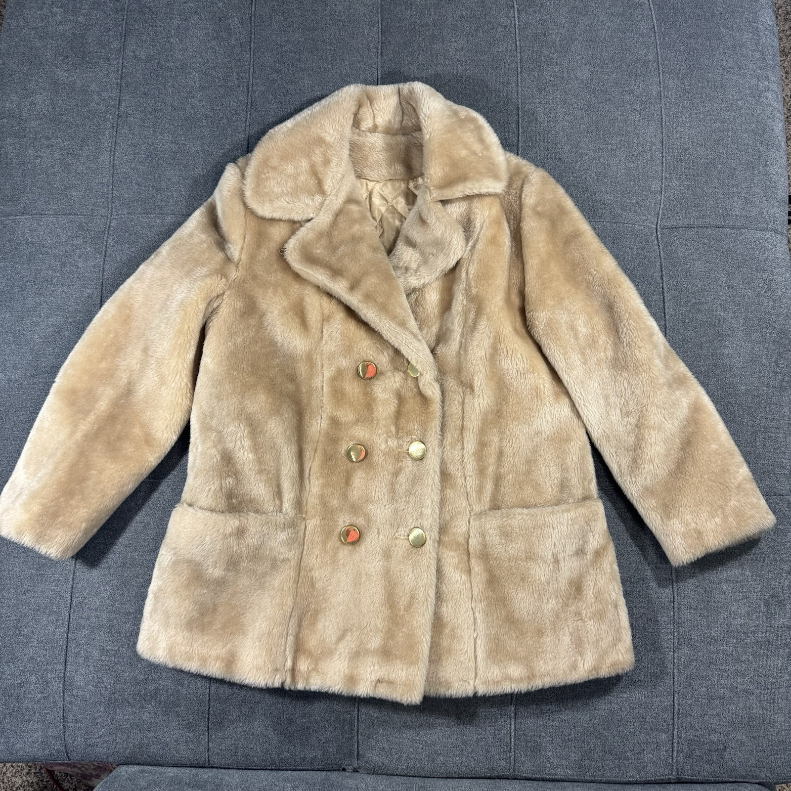 Vintage Sears Coat Womens 12 Faux Fur Camel Beige Gold Buttons Double Breasted