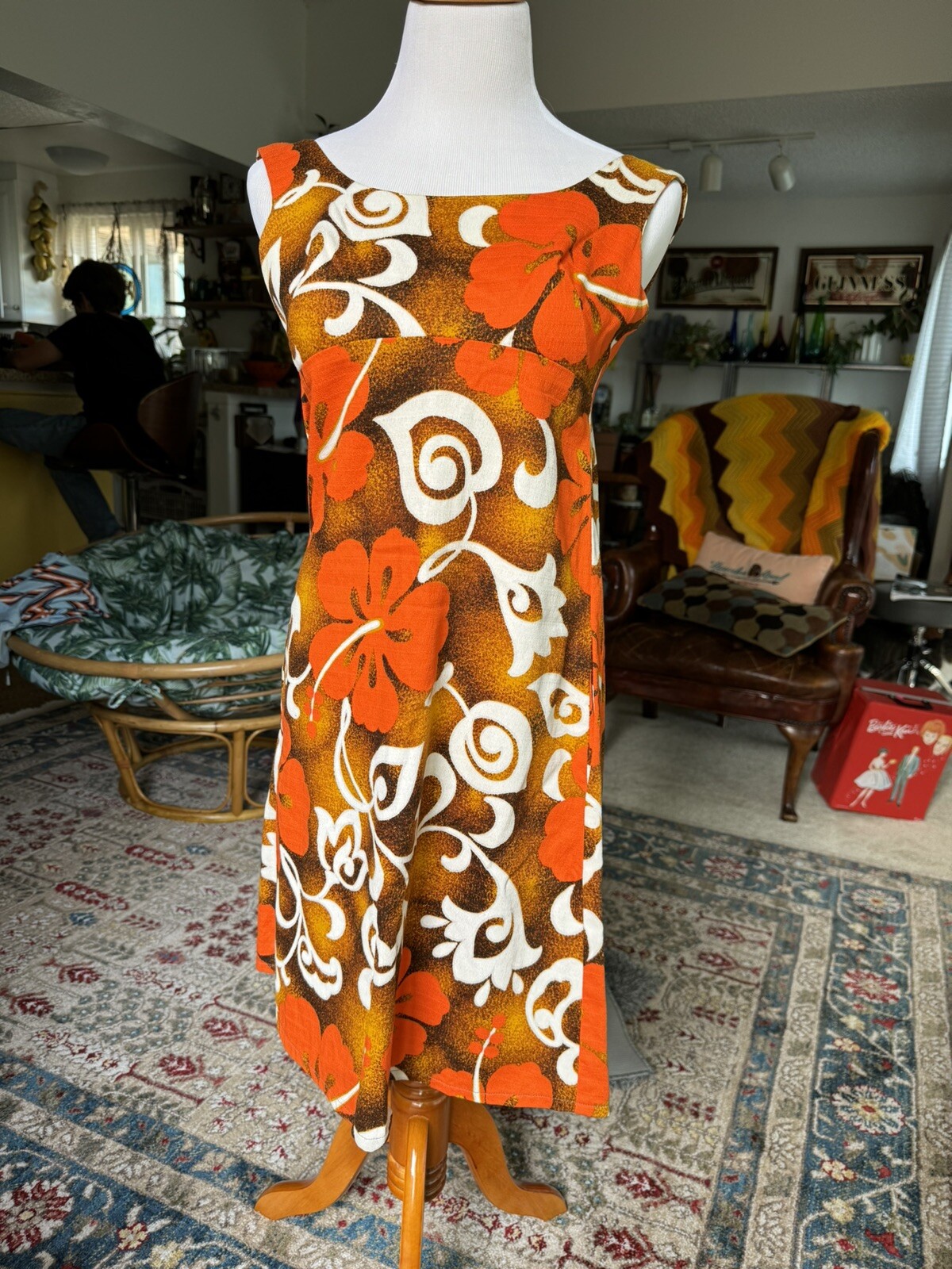 ❤️ Vintage 50s 60s 70s Orange Hawaii Barkcloth Tiki Oasis VLV Mini Dress XXS XS