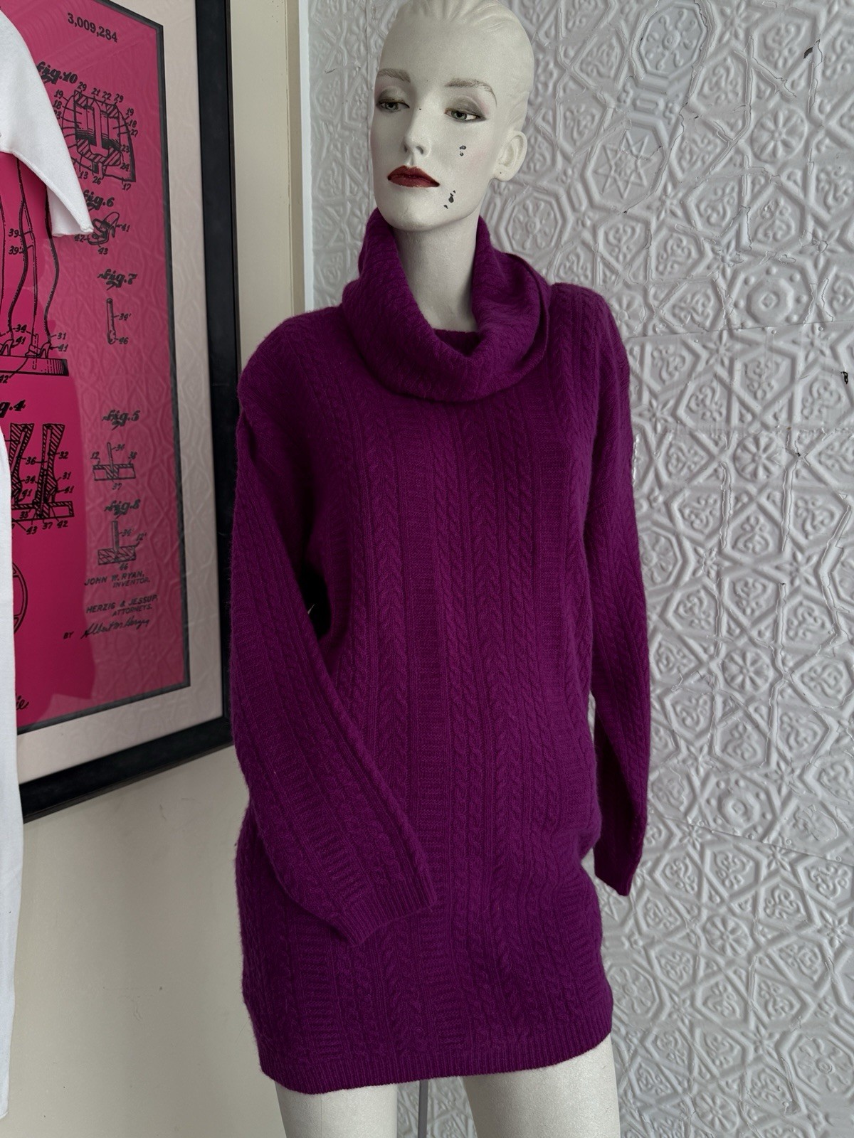 vintage sweater 1980s lambswool angora cable knit turtleneck pink M oversized