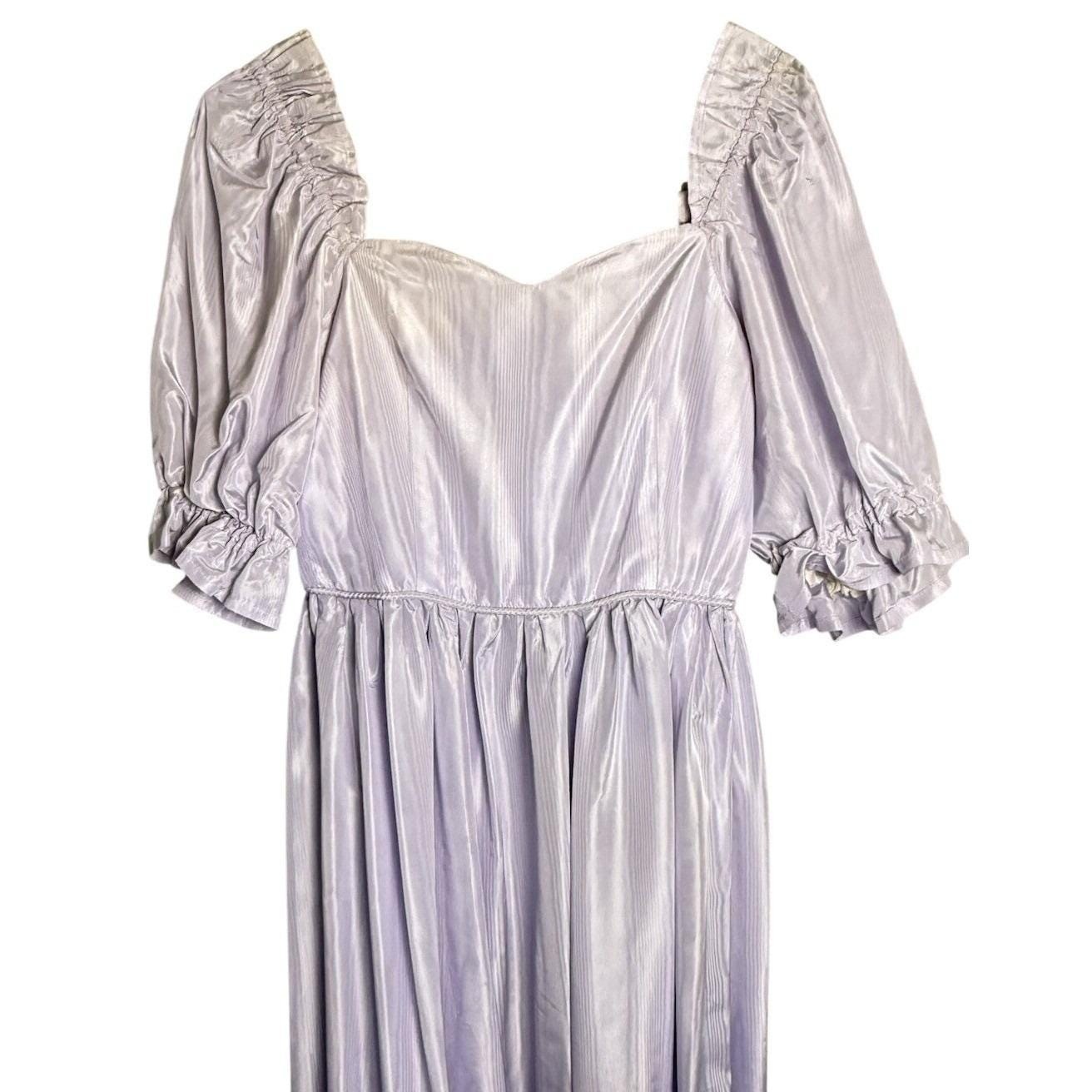 Vintage 70s Lavender Purple Fairy Princess Maxi Long Dress Satin Puff Sleeve MED
