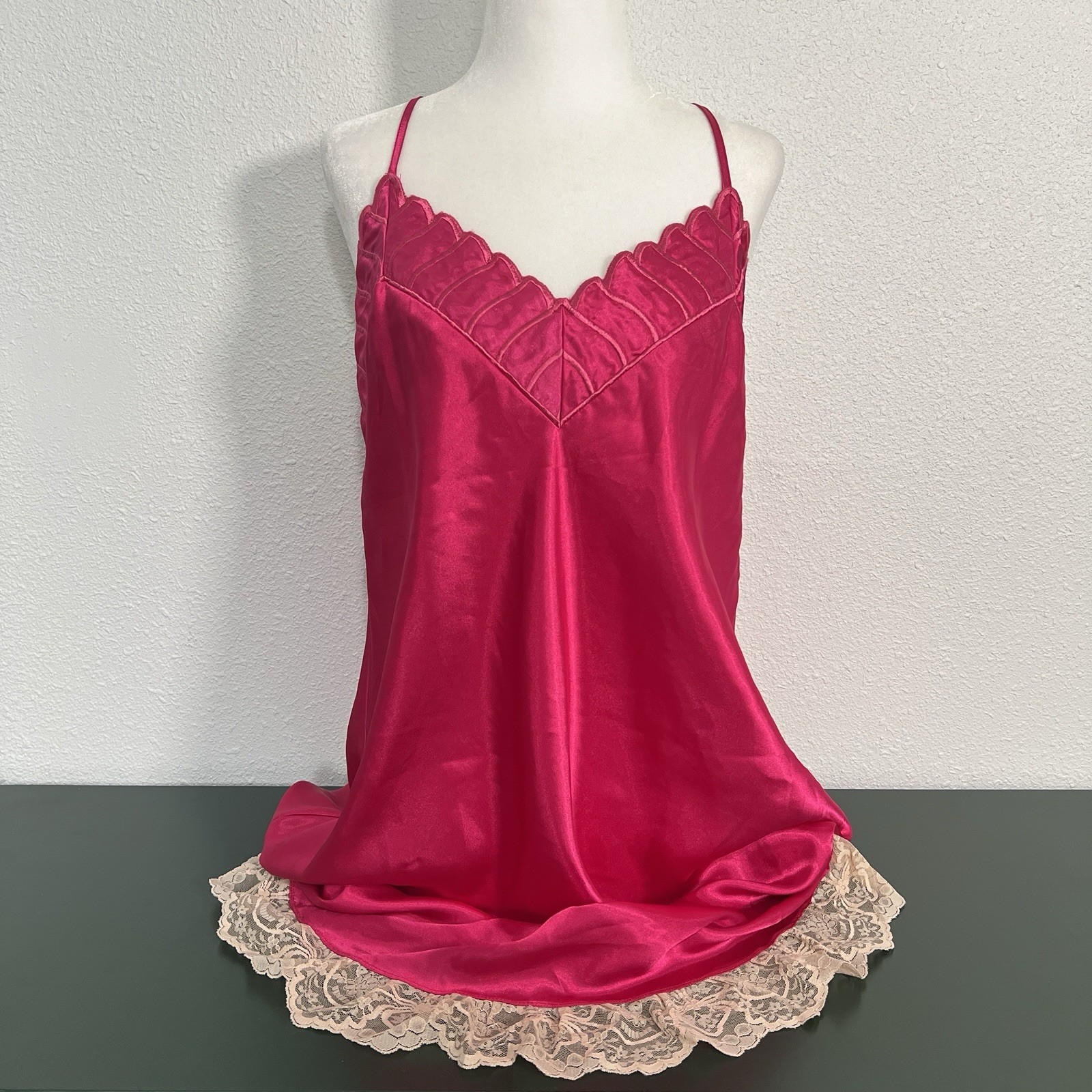 Vintage Magenta Hot Pink Satin Feel Slip Dress with Embroidered Details Sz L