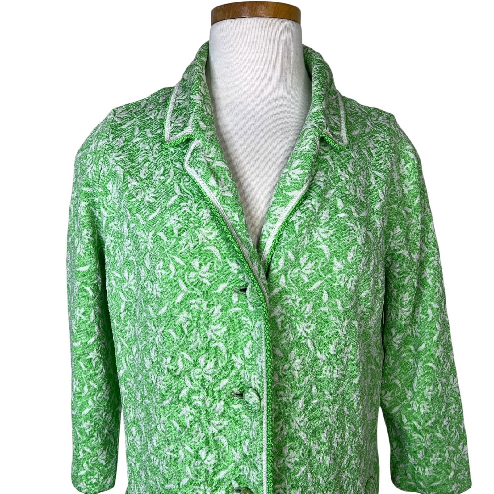Vintage 60s Green Floral Jacquard Jacket 3/4 Sleeve Mid Century MCM Small 34