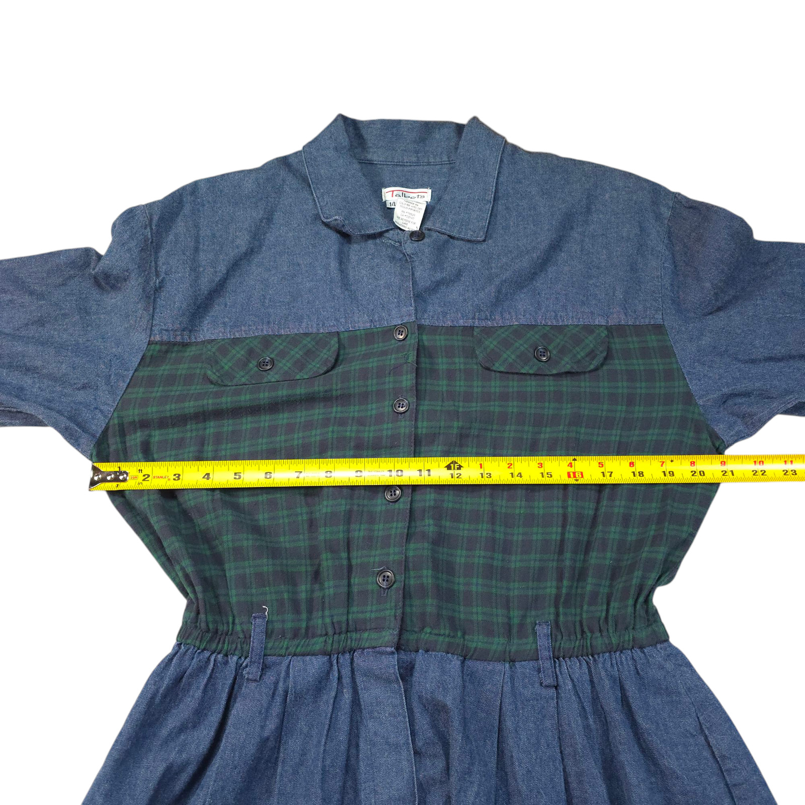 Vintage Talbots Denim Plaid Button Down Maxi Dress Women Size 14 Mixed Media
