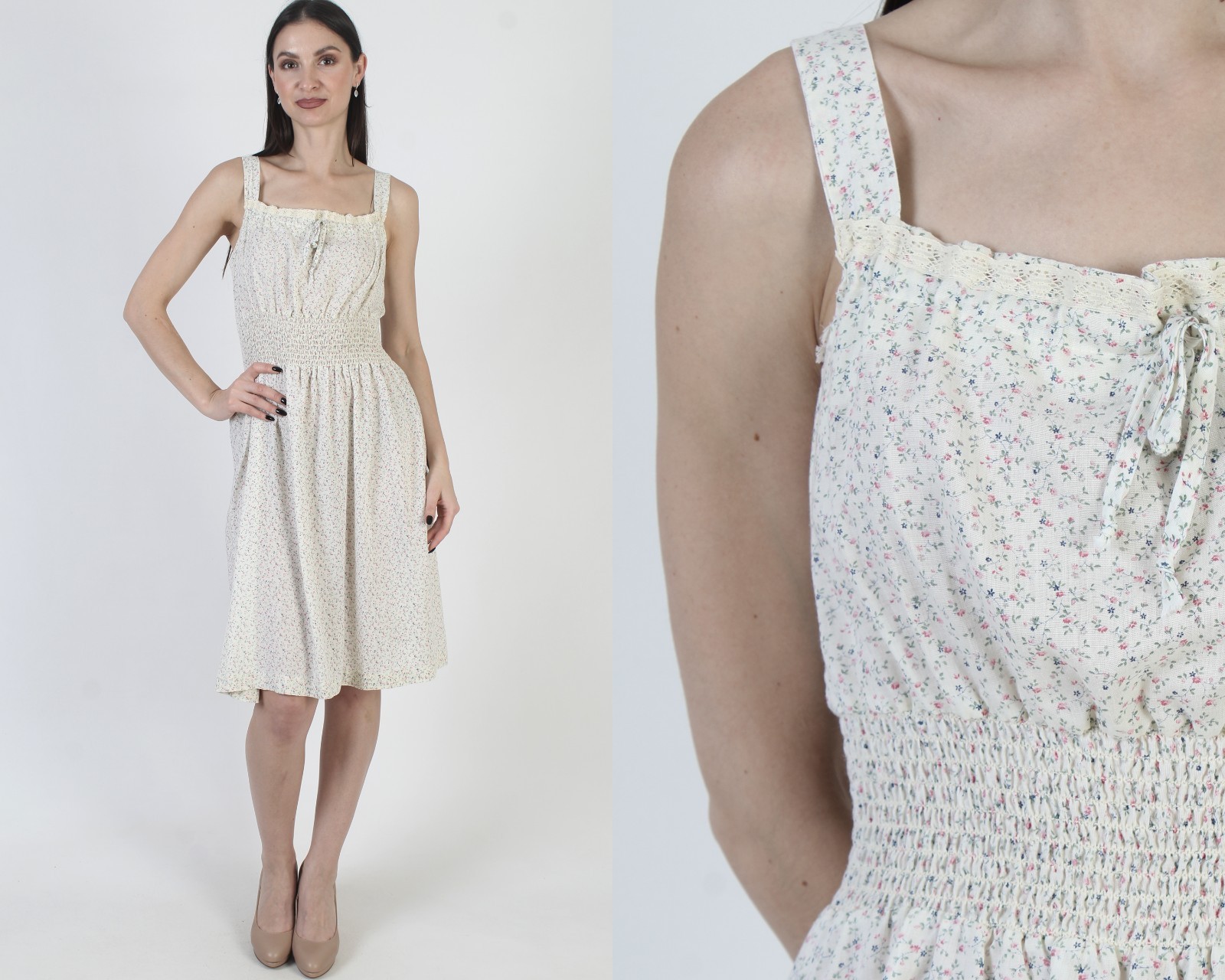 Vtg Off Wht Calico Floral Dress Smocked Boho Peasant Knee Length 70s Sundress