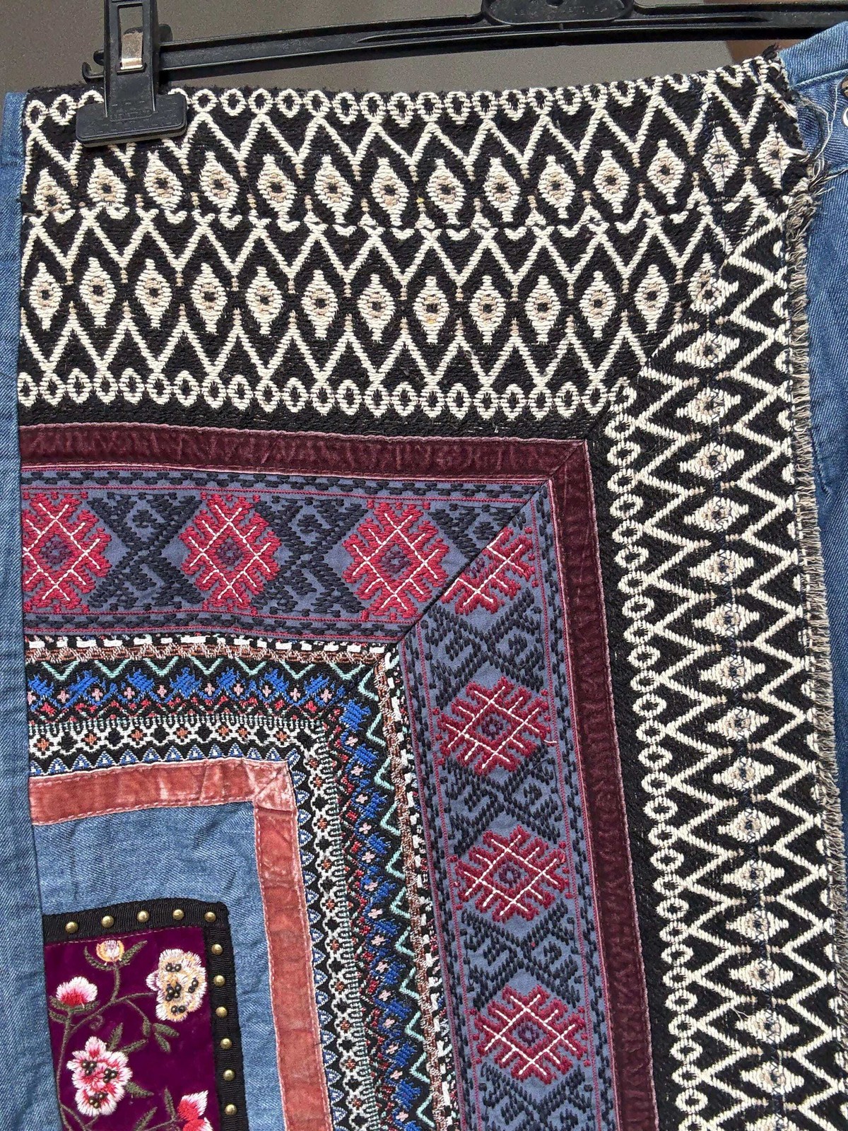 Desigual blue denim wrap skirt with asymmetrical lines and embroidery details, b