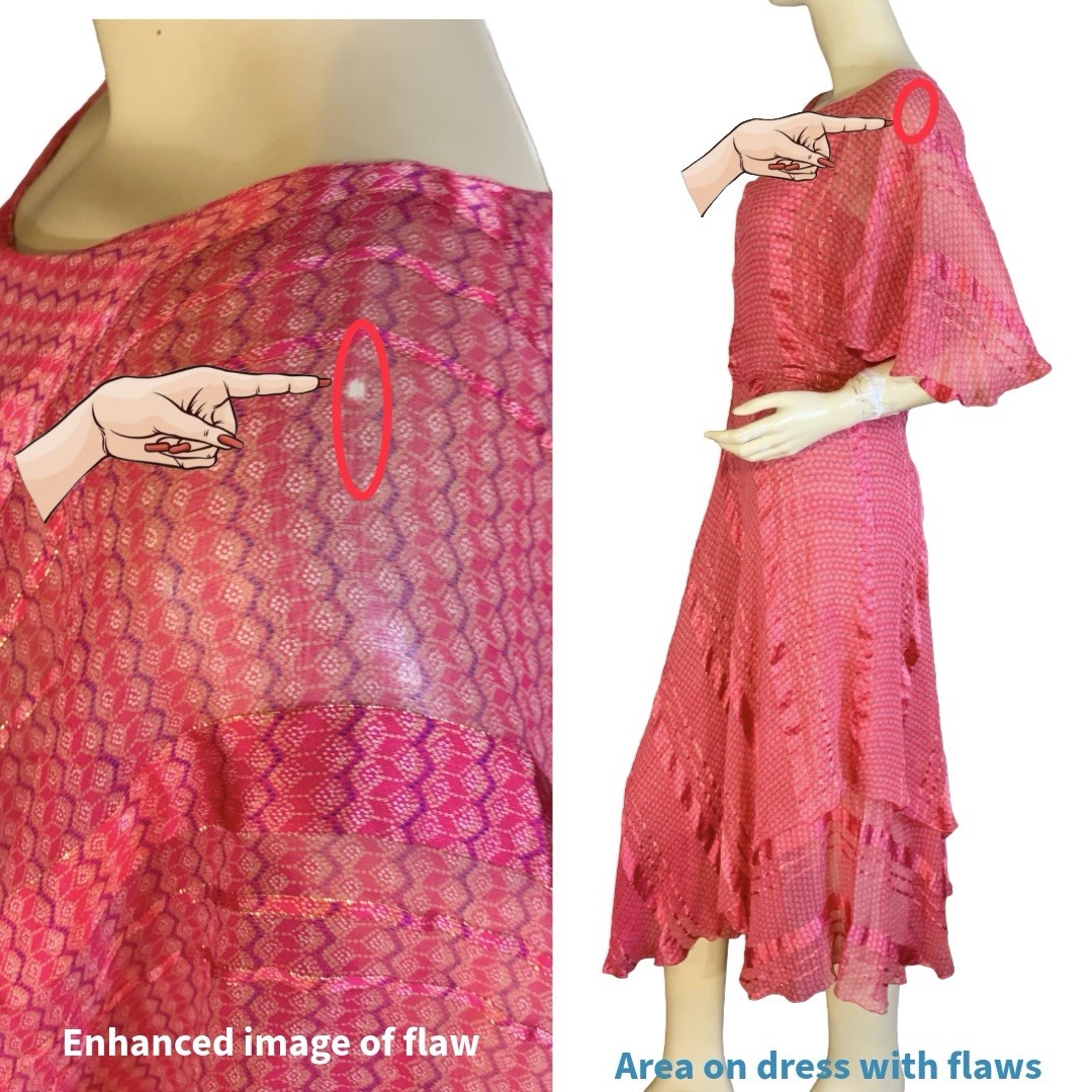 WOMEN’S VINTAGE 1970’S RED, PURPLE & GOLD SILK FARM SILK DRESS SZ S