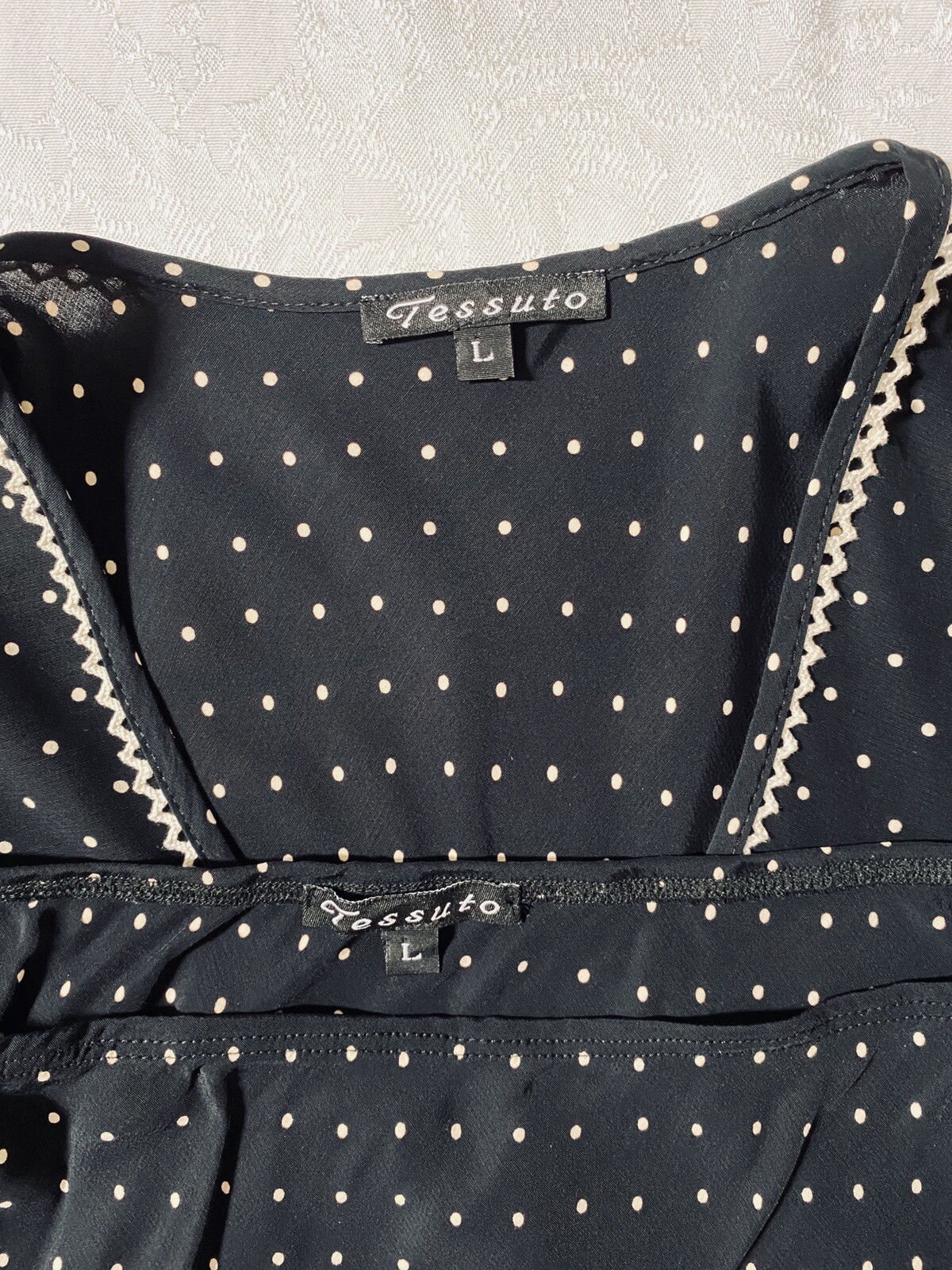 Vintage Tessuti Women L Rayon Top And Skirt Set Crocheted Polka Dots USA #289