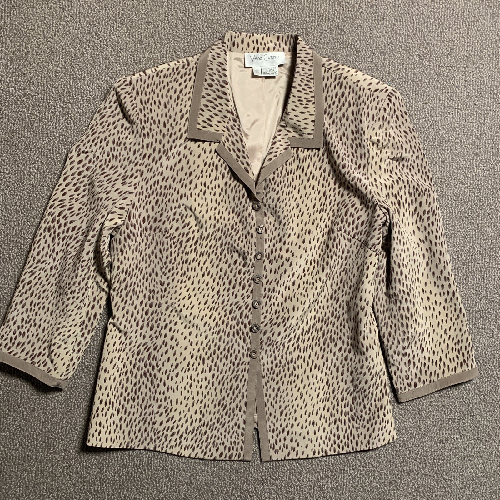 Vintage Vera Cristina Jacket Women S 100% Silk Blazer Beige Animal Print Lined