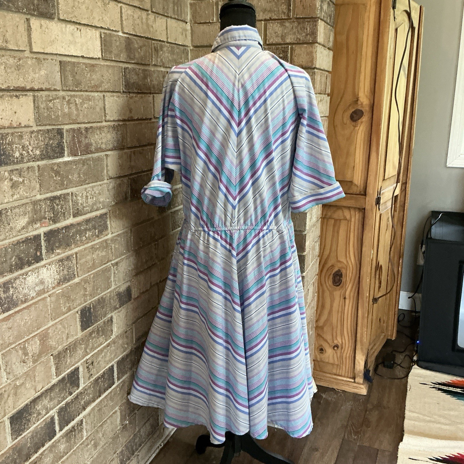 VINTAGE American Shirt Dress Pastel Stripe Button Midi USA Women’s Sz 15/16 #1D9
