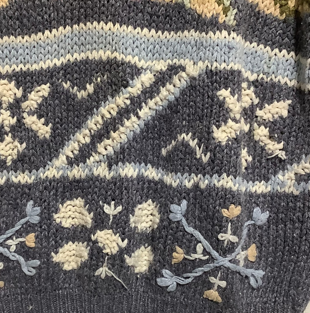 VTG Needles & Yarn Knit Sweater Floral Embroidered Crocheted Sz L Grandma Granny