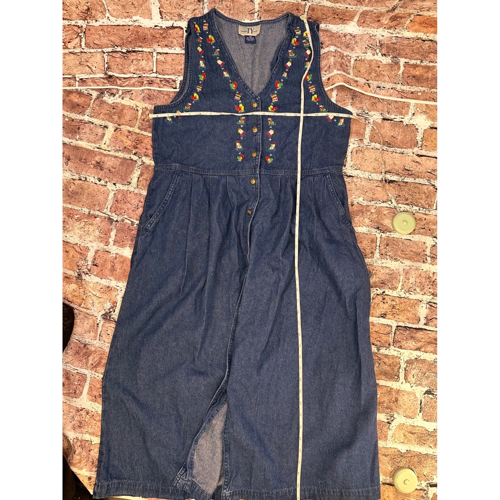 Original TY Wear Vintage Denim Christmas Embroidered Jumper Dress Blue 10P
