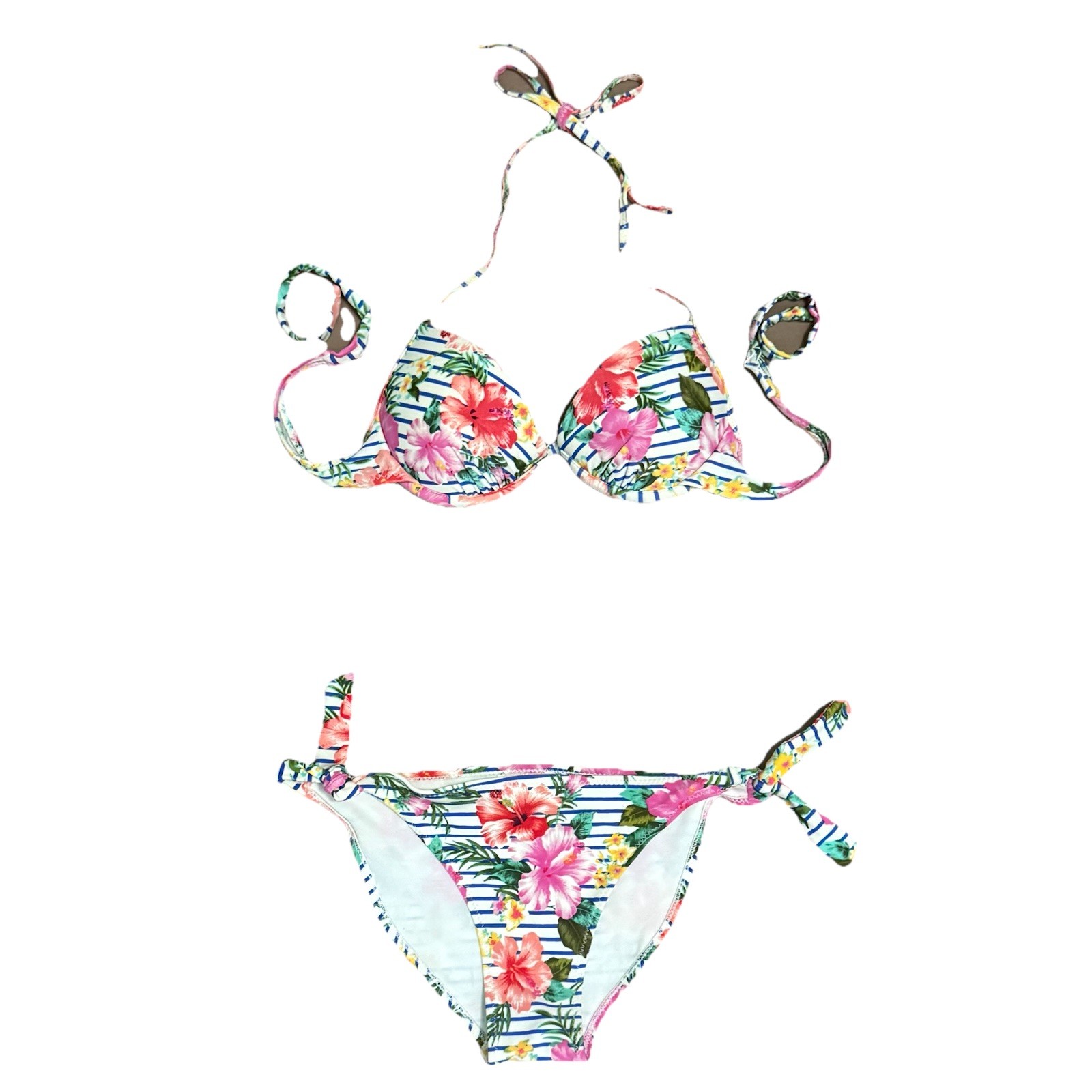 Vintage Accessorize Floral Swimsuit Set With Blue Horizontal Stripes