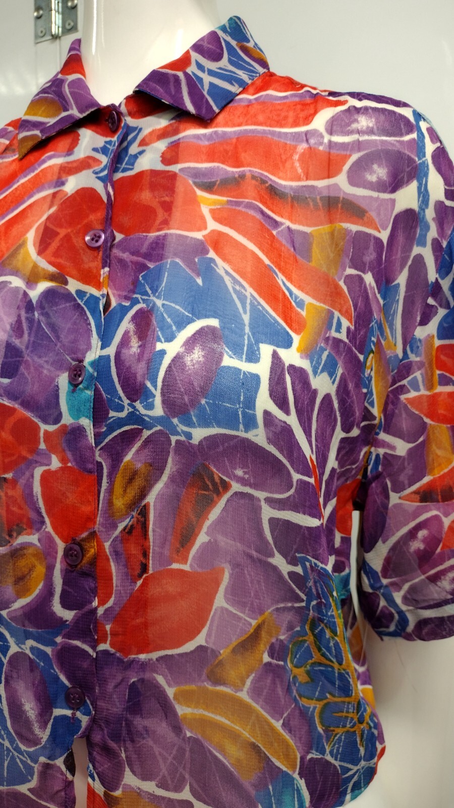 1990s Crop Style Short Sheer Shirt Unisex Purple Floral Rayon Tie Front GAY