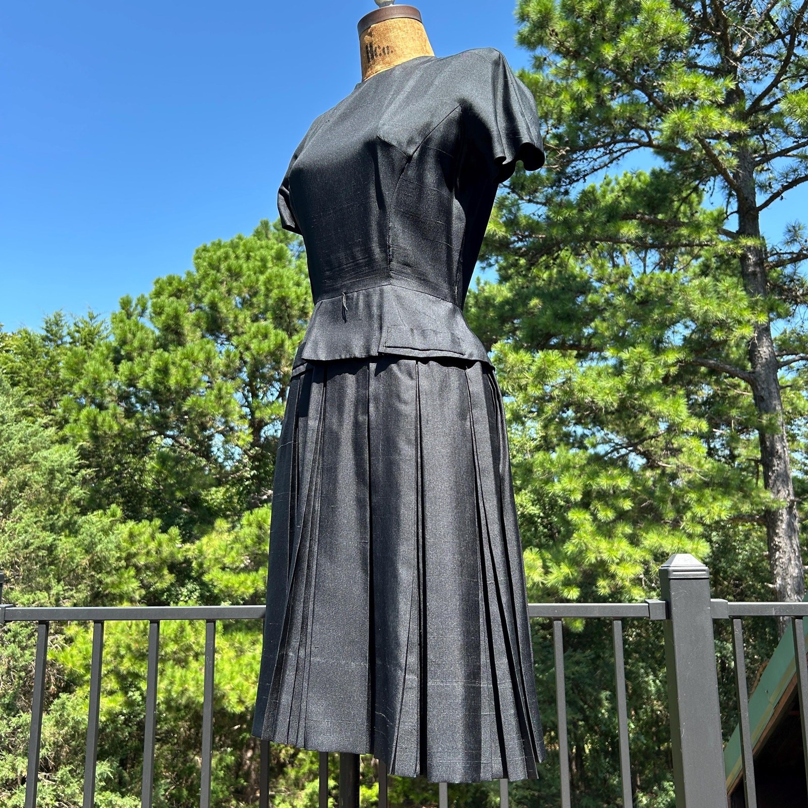 Vintage 50s Black Raw Silk Pleated Peplum Mini Dress by Jonathan Logan XS S