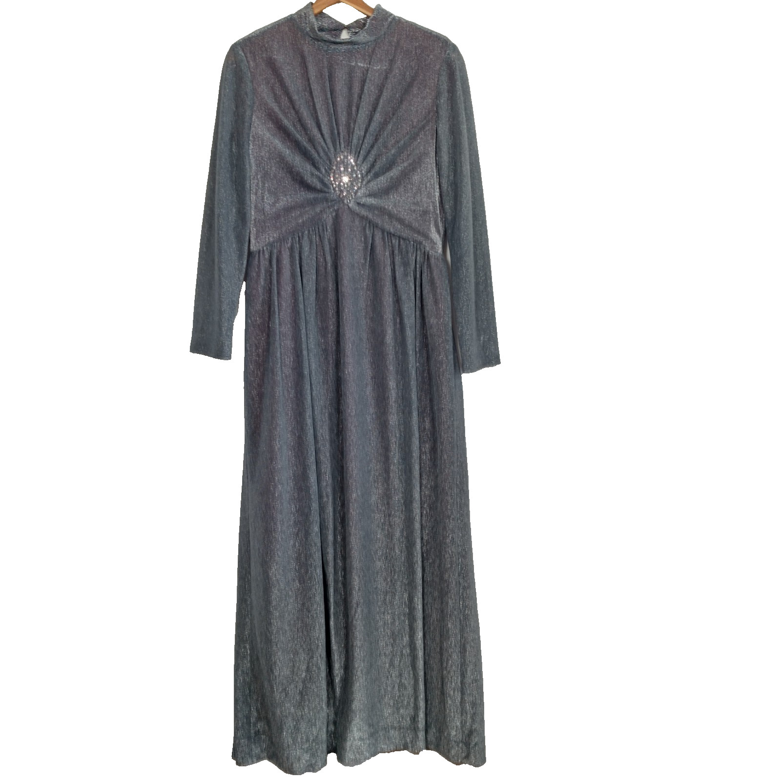 Vintage 1970s Evening Gown Size 16 Silver Metallic Maxi Long Sleeve Party Event