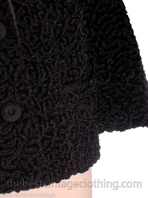 VTG 60s Faux Karakul Lamb Coat Black Rabbit Fur Collar Mob Wife Glam M